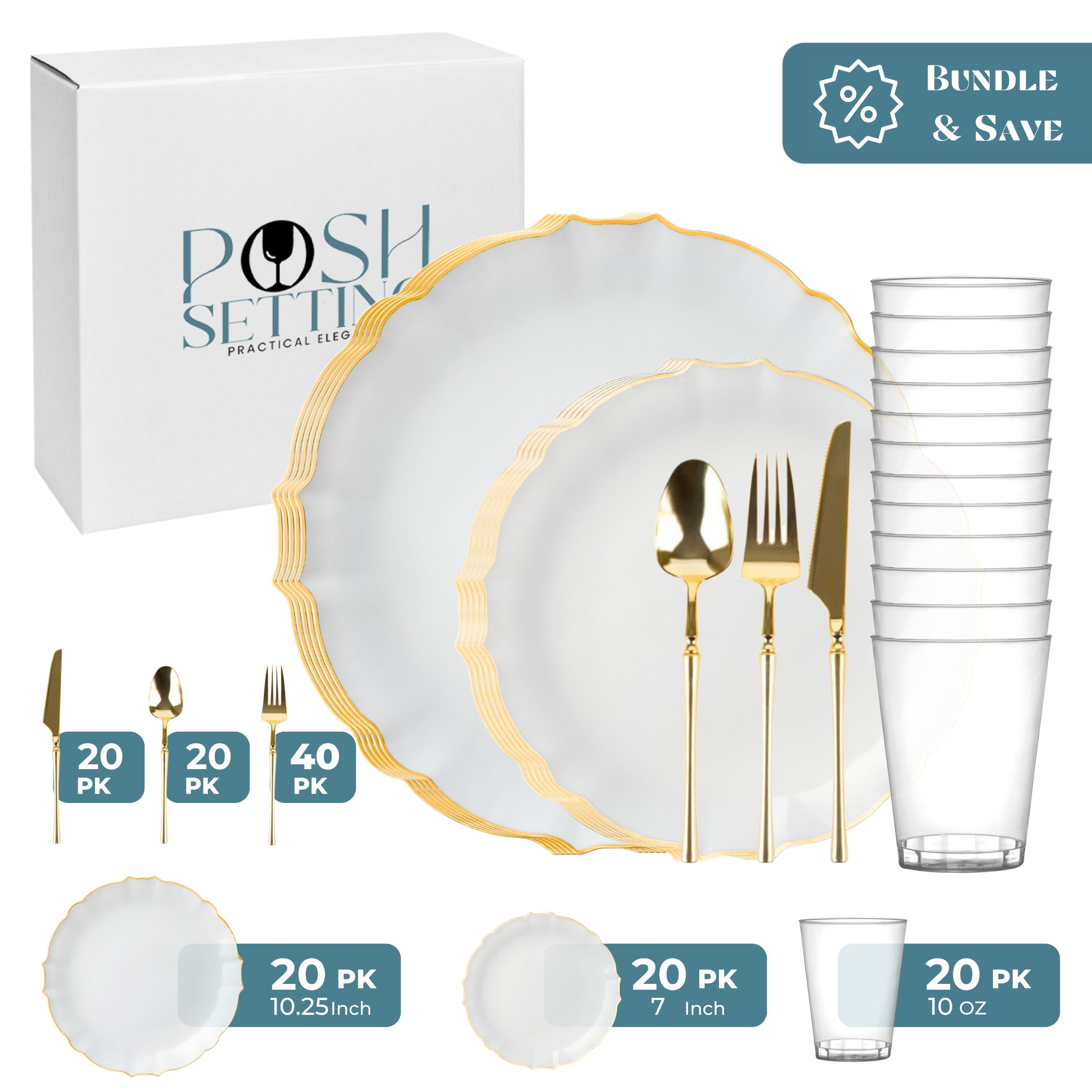 Luxury White & Gold Plastic Party Bundle - Transparent Elegant Disposable Tableware Set for Weddings, Birthdays & Special Events