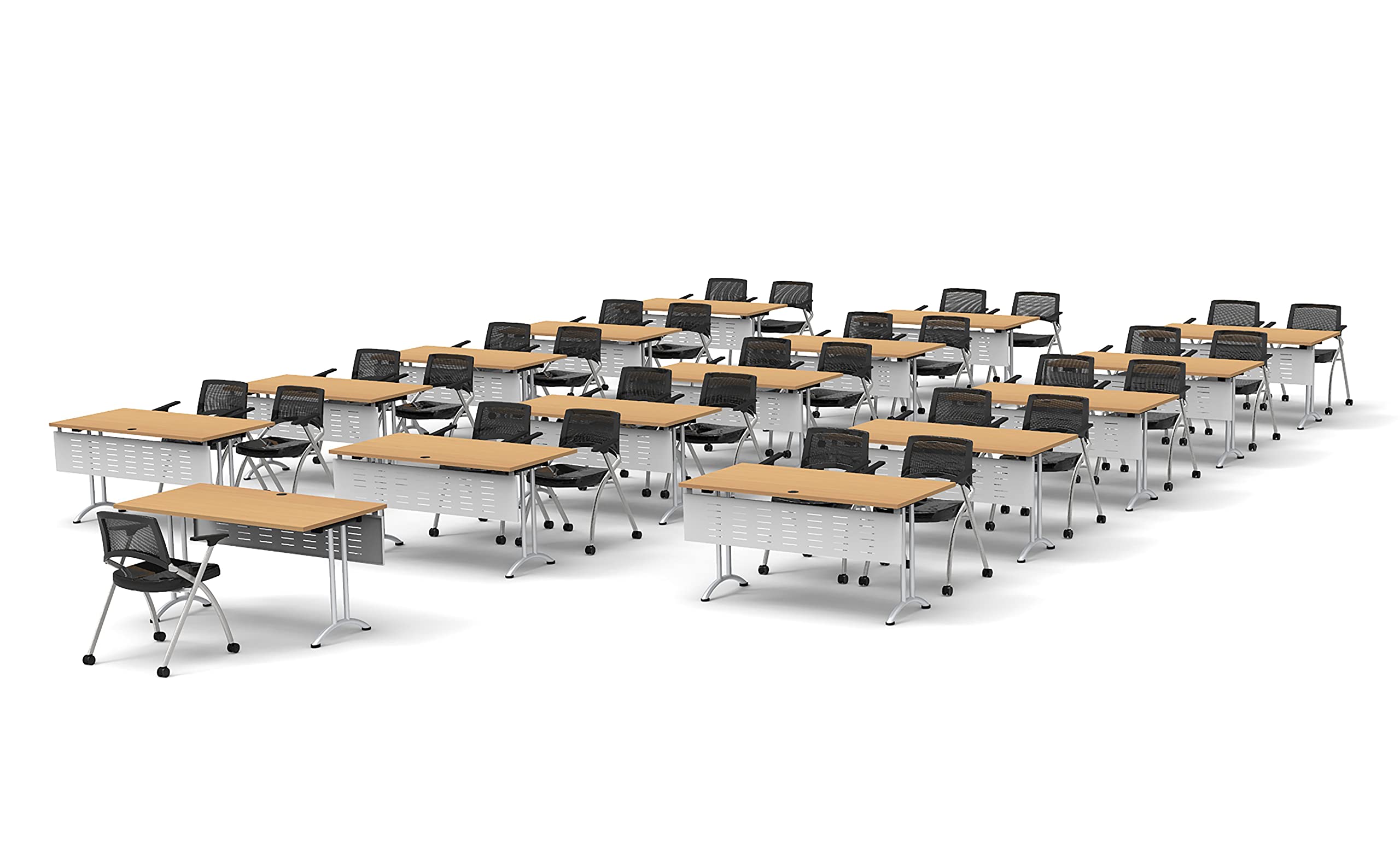 31-Person Folding Conference Table Set with Beech Chairs & Modesty Panels - 63pc Connectable Classroom Tables for Training, Meetings & Seminars - Space-Saving Nesting Design for Compact Storage - Ideal for Office, School & Event Venues