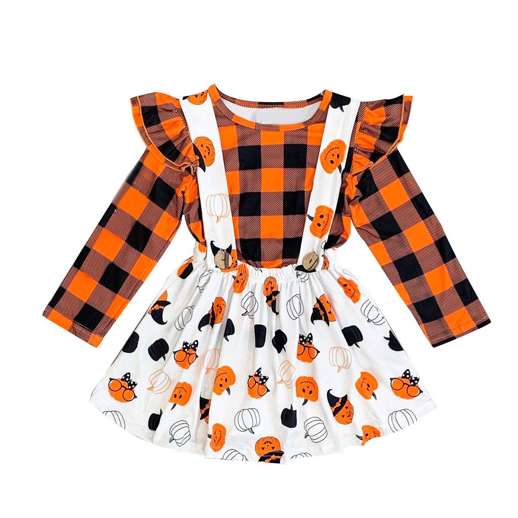 Toddler Girls Plaid Top & Skirt Dress Set - Halloween Pumpkin Outfit for Baby Girls | Cute Fall & Holiday Photo Shoot, Party Costume, Casual Playdate Wear