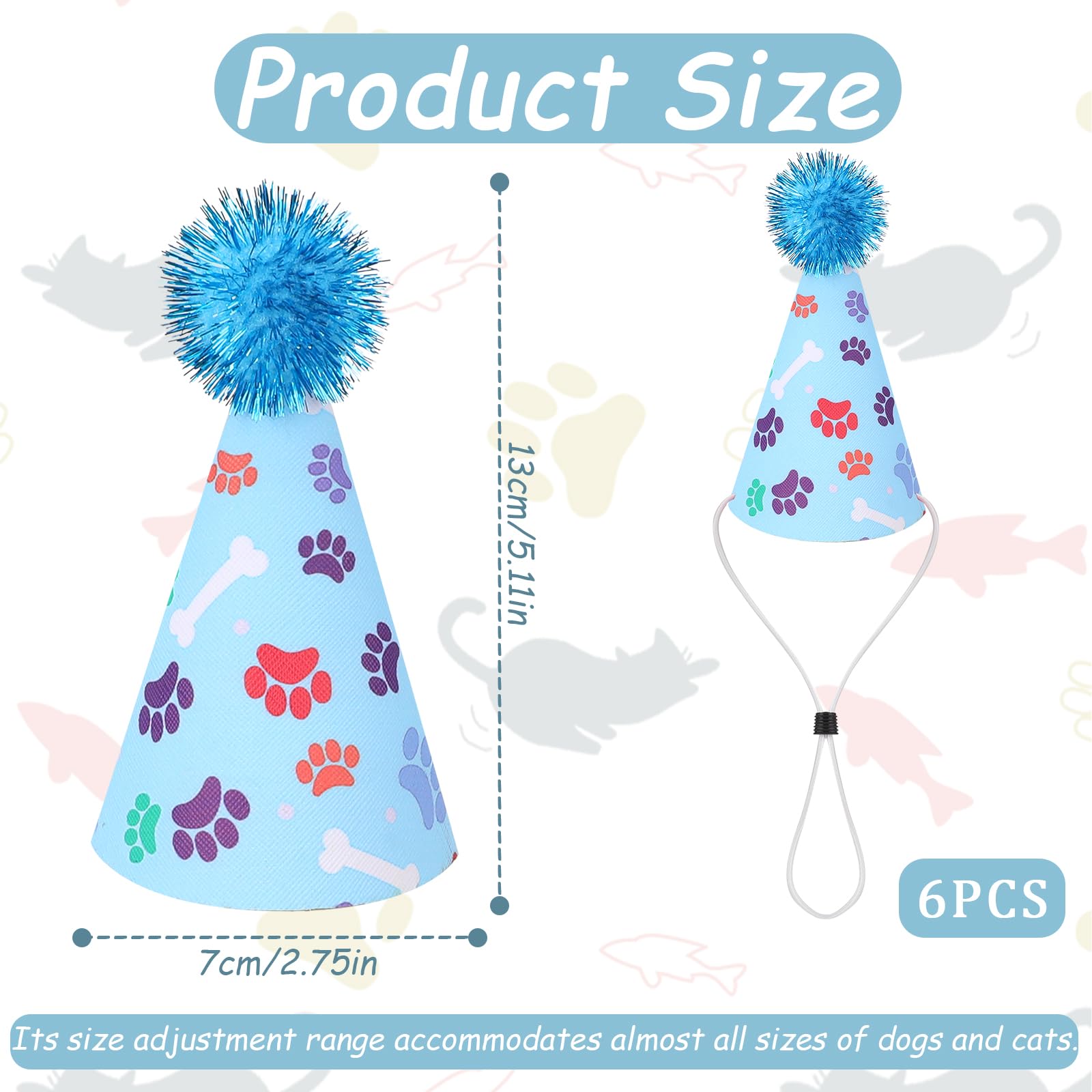 KALIONE 6 Pack Rainbow Cat & Dog Birthday Hats with Pompons - Adjustable Leather Headbands for Puppy Kitten Pet Party | Perfect for Birthday Celebrations, Photo Shoots & Pet Costume Parties