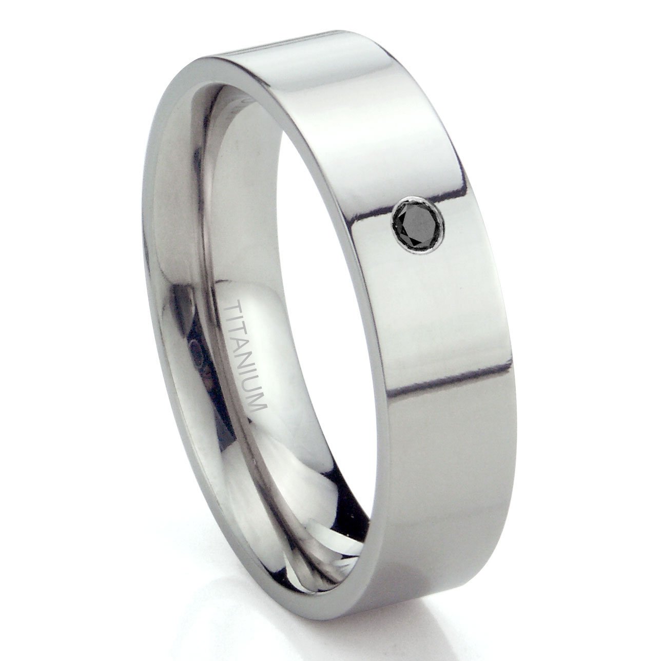 6mm Titanium Solitaire Black Diamond High Polish Flat Wedding Band Ring for Men - Perfect for Engagement, Anniversary & Everyday Wear