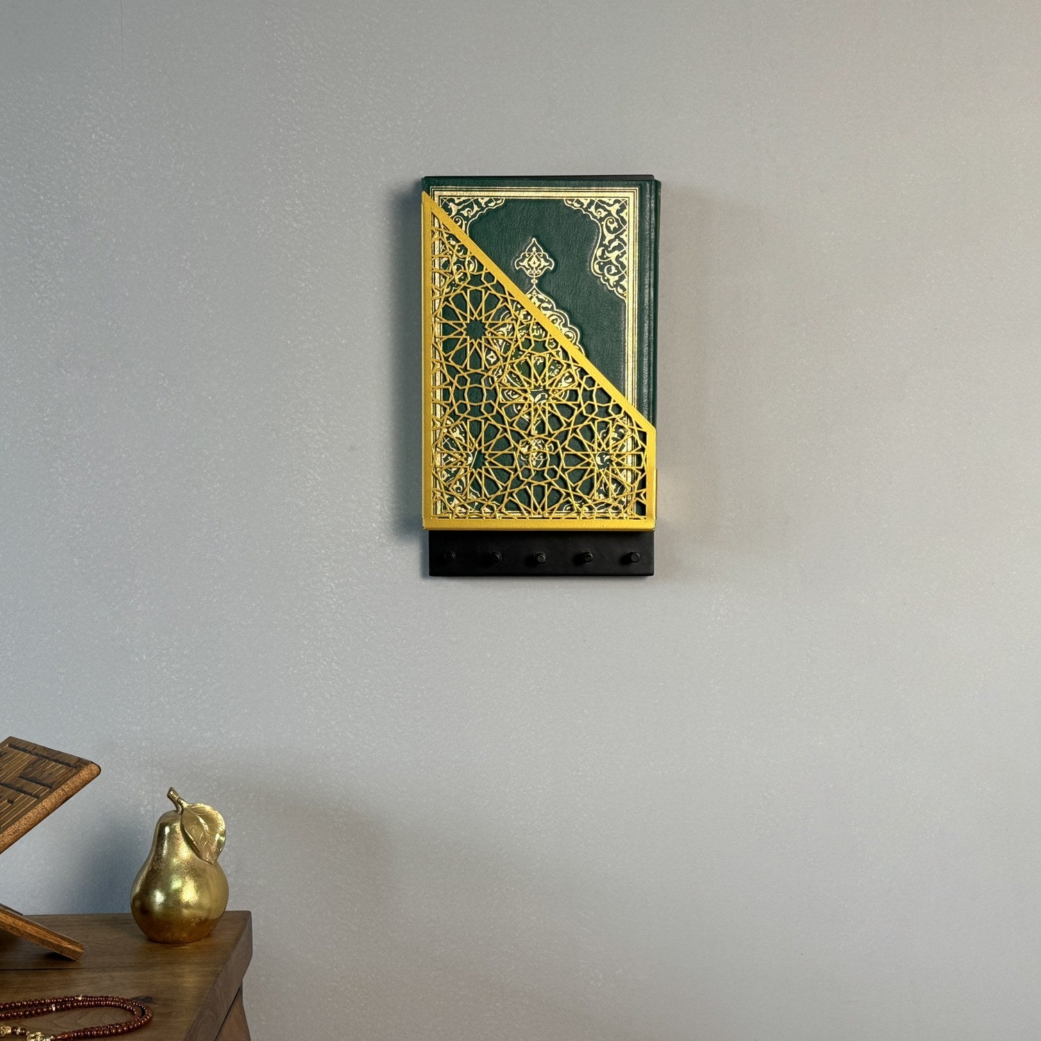 Elegant Metal Floating Quran Box with Rosary Hanger - Quran & Key Holder Storage - Perfect for Home Decor, Prayer Room, and Gift Giving