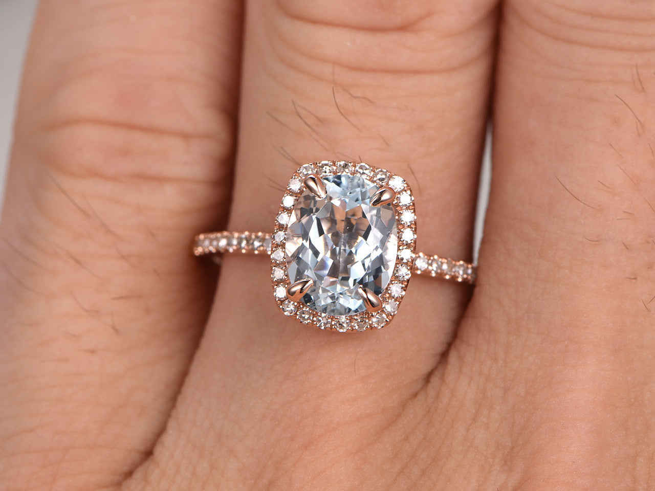 6x8mm Oval Aquamarine Engagement Ring - 14k Rose Gold Diamond Wedding Ring with Blue Gemstone Pave & Cushion Halo - Thin Elegant Design for Bridal, Anniversary & Proposal Gifts