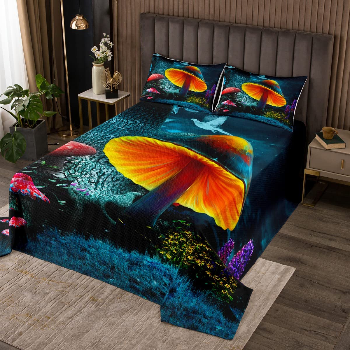 Feelyou Mushroom Bedspread Set - Botanical Plants Quilt Cover with 2 Pillowcases, King Size Soft Microfiber Bedding for Kids Boys Girls | Natural Wild Fungus Design for Cozy Bedroom Decor