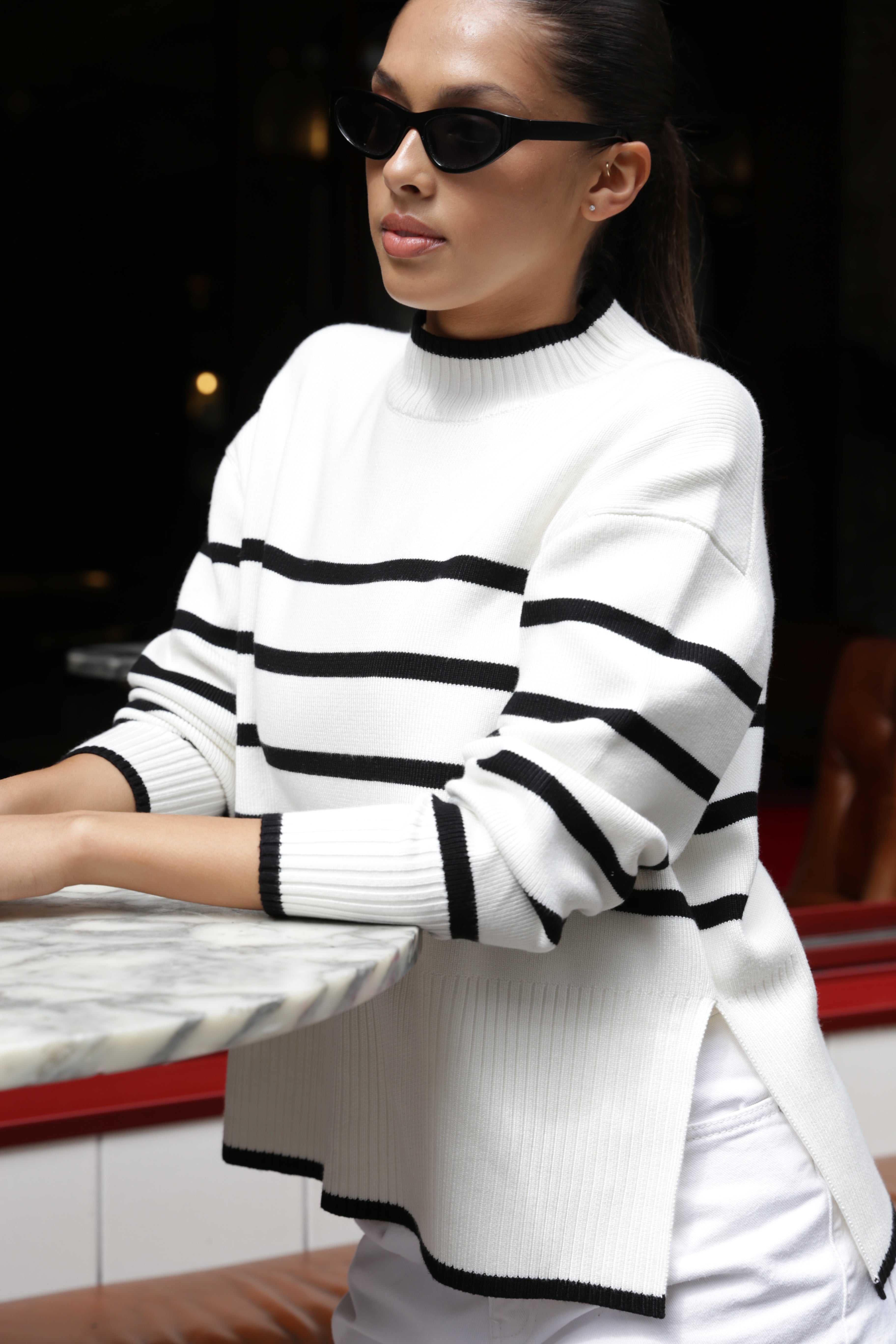 Ardent White Stripe Funnel Neck Jumper - Women's Chunky Knit Sweater for Fall & Winter | Cozy Office Wear & Casual Outfits