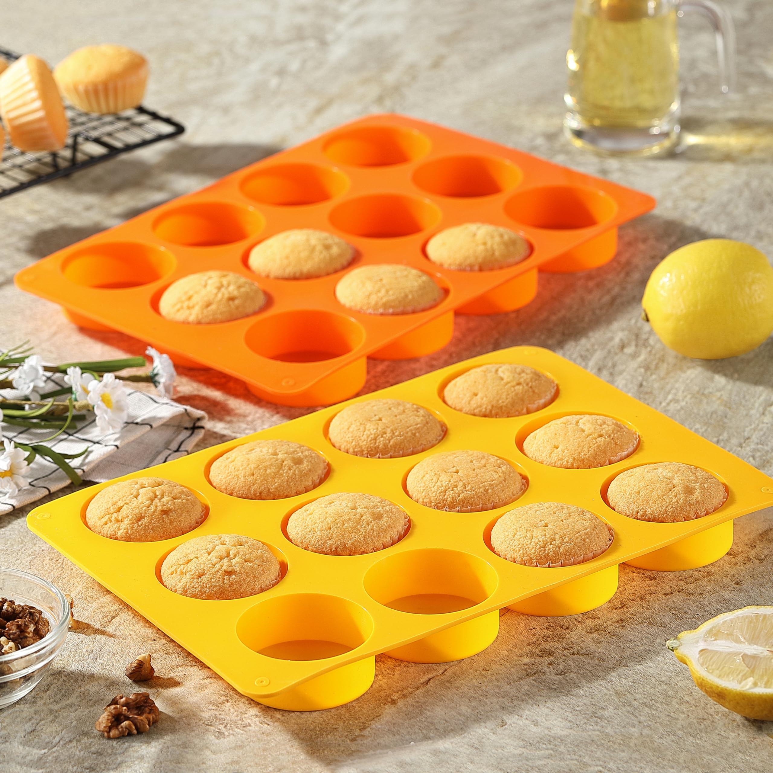 2-Pack Oreo Chocolate Cookie Silicone Molds - 12-Cavity Round Baking Molds for Cookies, Candies, Mini Cakes & Jelly (Orange + Yellow) - Perfect for DIY Desserts, Party Treats & Holiday Baking