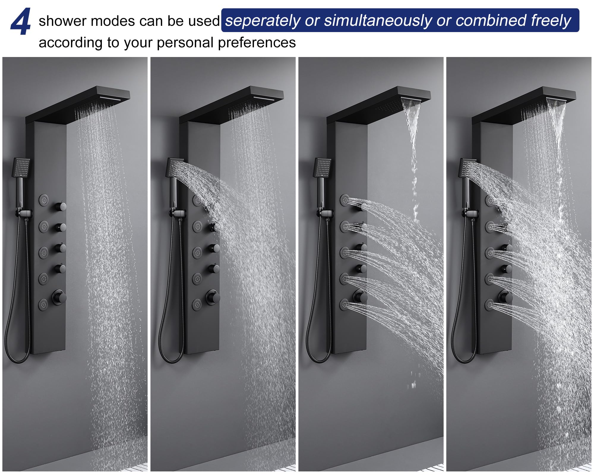 ROVATE 4-in-1 Matte Black Shower Panel Tower System with Rainfall Shower Head, Waterfall, Body Jets & Handheld Spray - High Pressure Stainless Steel Shower Column for Luxurious Spa Experience at Home