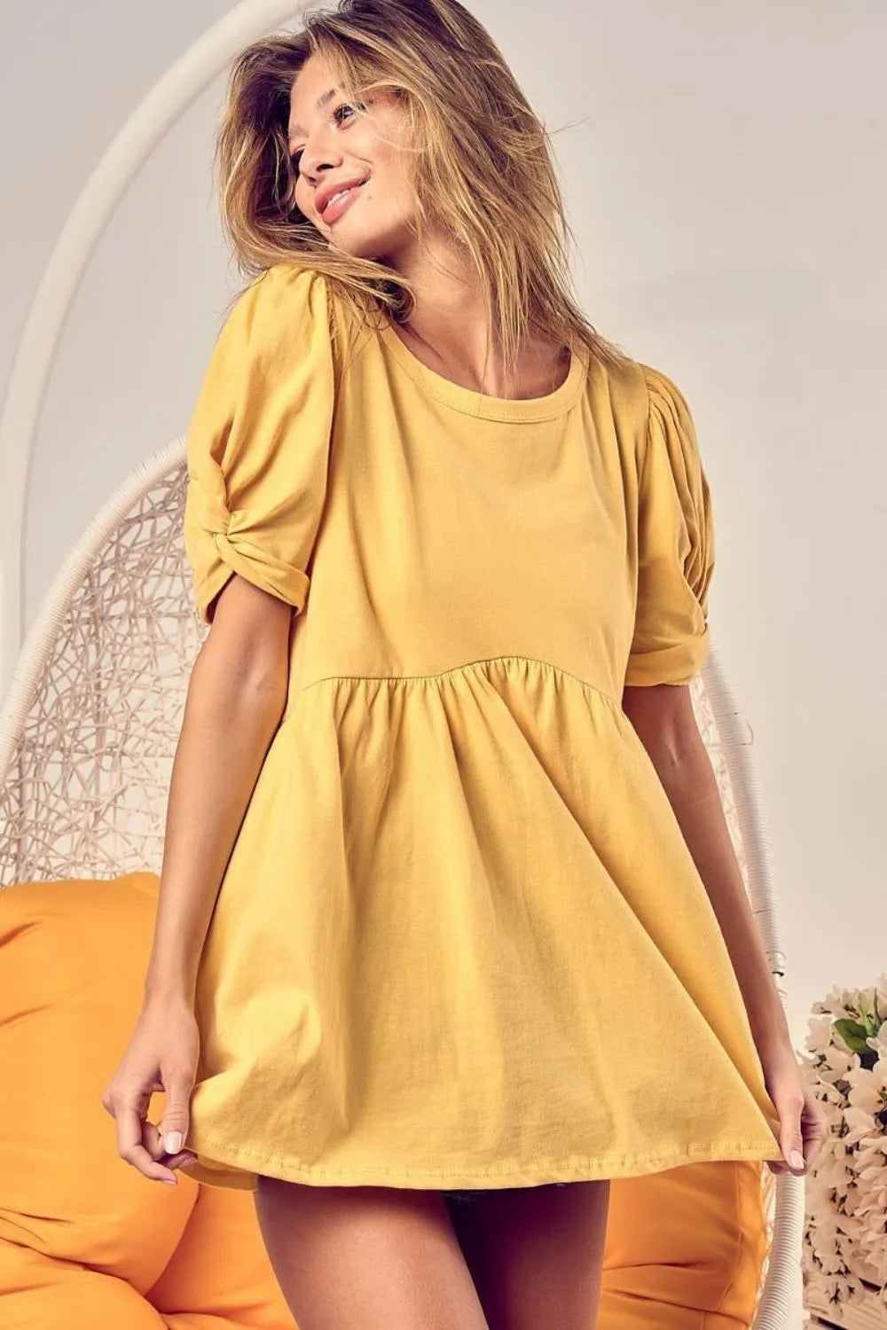 BiBi Cotton Spandex Knit Puff Sleeve Baby Doll Top - Cute Casual Blouse for Women | Perfect for Date Nights, Office Wear & Summer Outfits