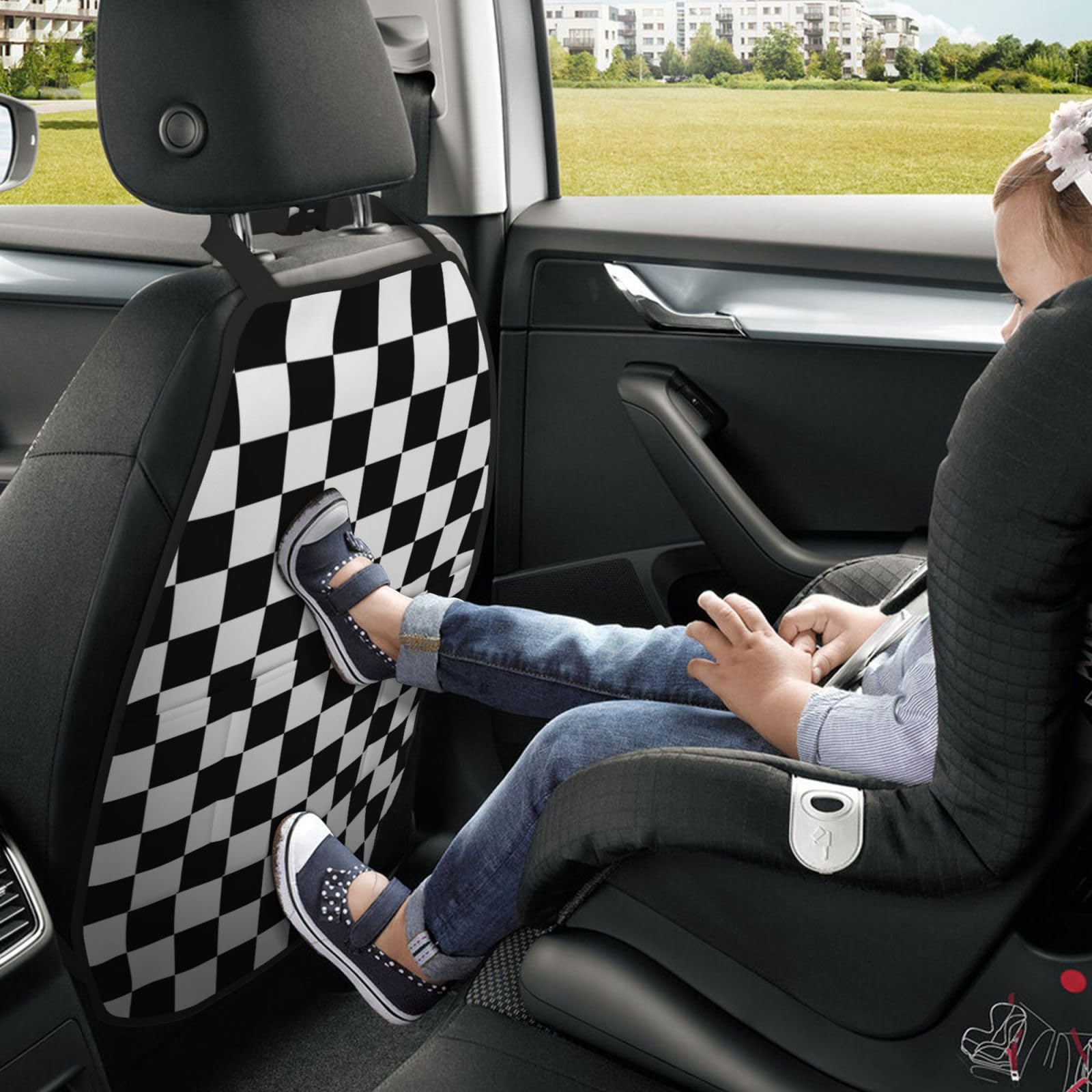 Black & White Checkered Car Seat Back Kick Protectors - 2 Pack with Storage Pockets | Durable Car Accessories for Kids | Perfect for SUVs, Minivans & Family Vehicles (Model A-100)