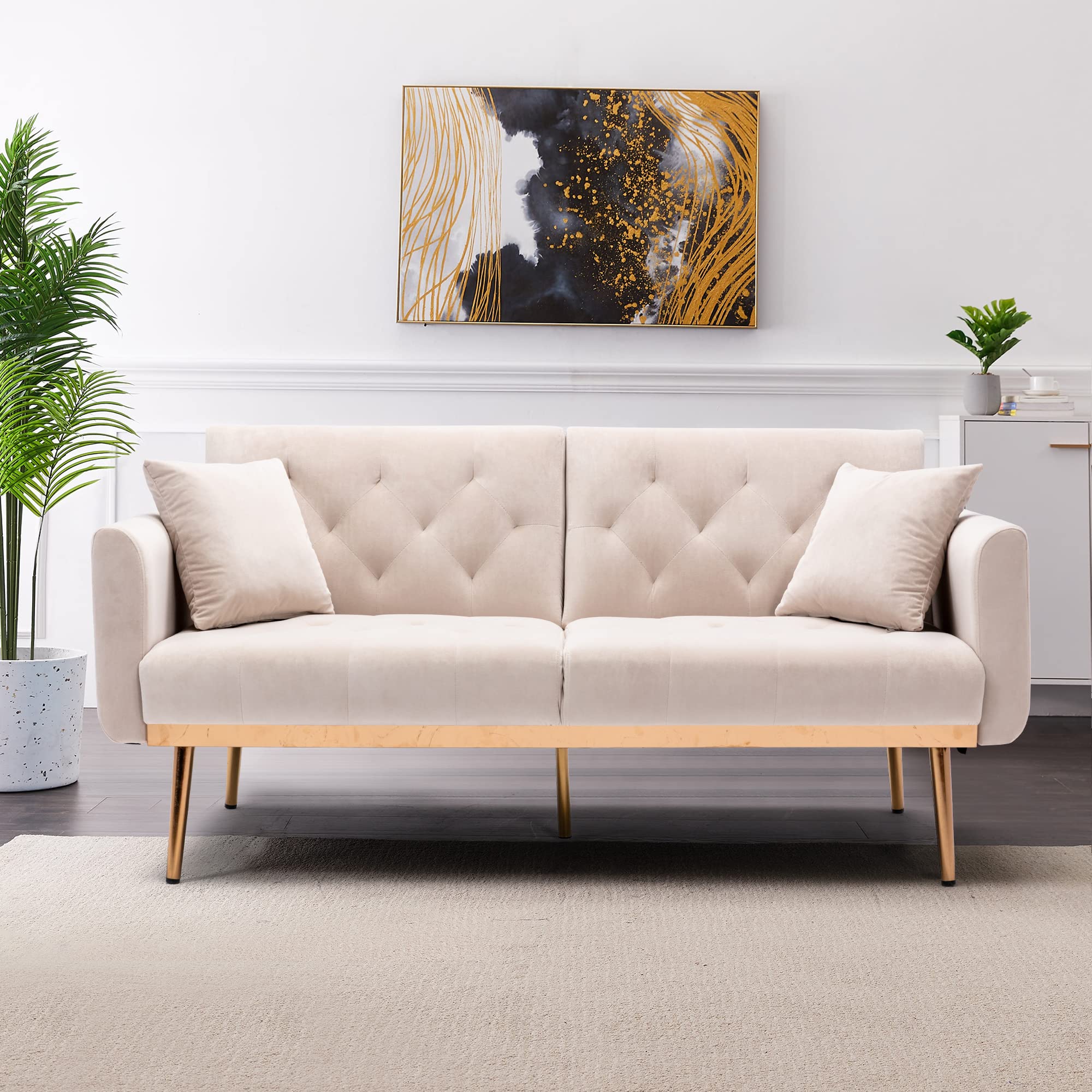 Velvet Accent Loveseat Sofa with Rose Gold Metal Feet - Convertible Sleeper Sofa Bed for Small Spaces, Modern Futon Couch with Split Back Design & 2 Pillows (63.8