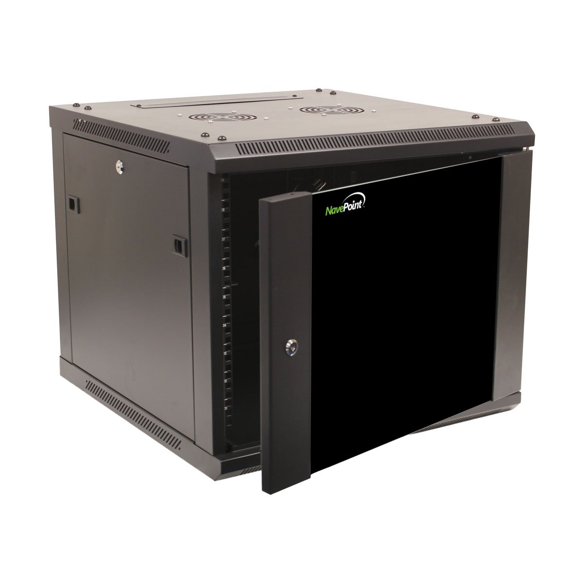 NavePoint 9U Wall Mount Server Rack Cabinet with 2 Cooling Fans, Locking Glass Door & Removable Side Panels - 19 Inch Network Enclosure (23.6