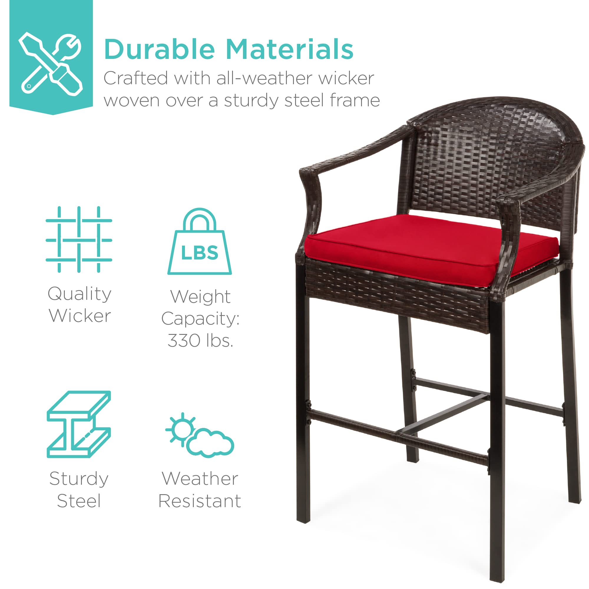 Best Choice Products 3-Piece Patio Bar Table Set - Outdoor Wicker Bar Height Bistro Furniture with Barstools & Cushions, Steel Frame in Brown/Red - Perfect for Backyard, Poolside, Balcony & Garden Entertaining