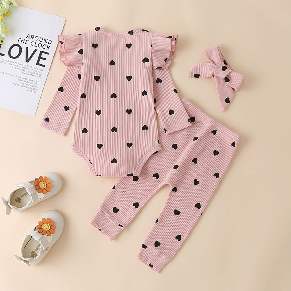 Newborn Baby Girl Outfits - Ribbed Ruffled Long Sleeve Romper Bodysuit with Pants & Headband Set | Soft Cotton Infant Clothes for 0-3 Months | Perfect for Photo Shoots, Parties & Daily Wear