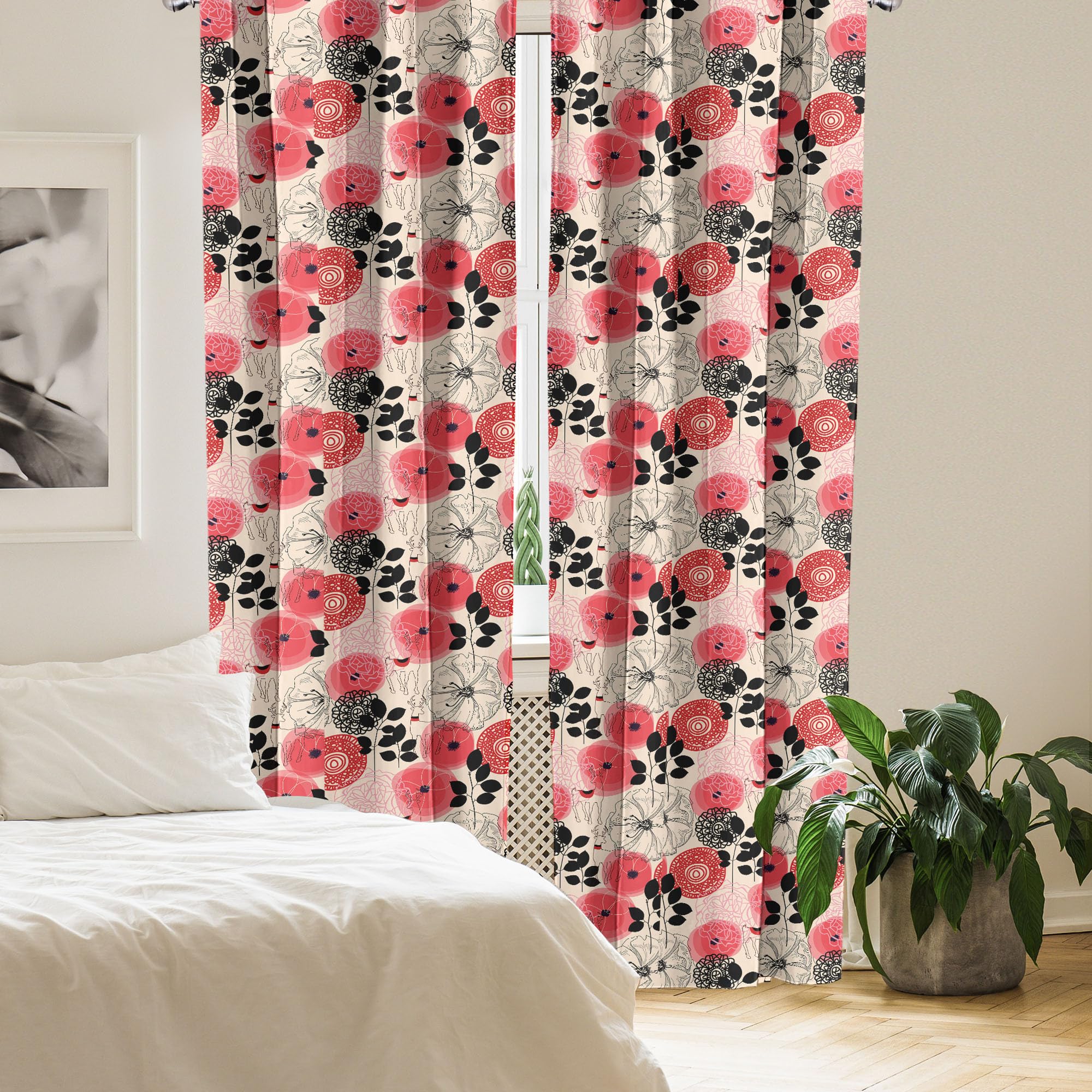 Ambesonne Floral Window Curtains - Modern Abstract Circle Flower Design with Leaves, Pink and Black Lightweight Decor (2 Panels, 28