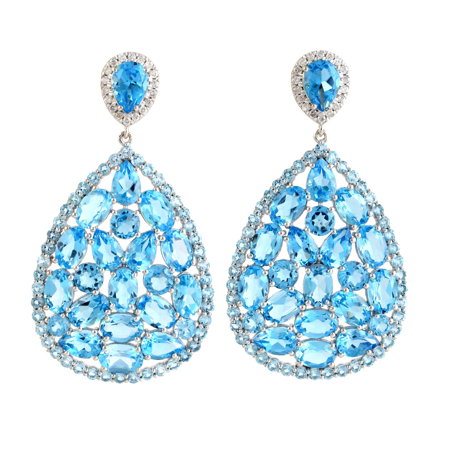 14K White Gold Blue Topaz Diamond Cluster Earrings for Women - Elegant Gift for Birthday, Anniversary & Special Occasions