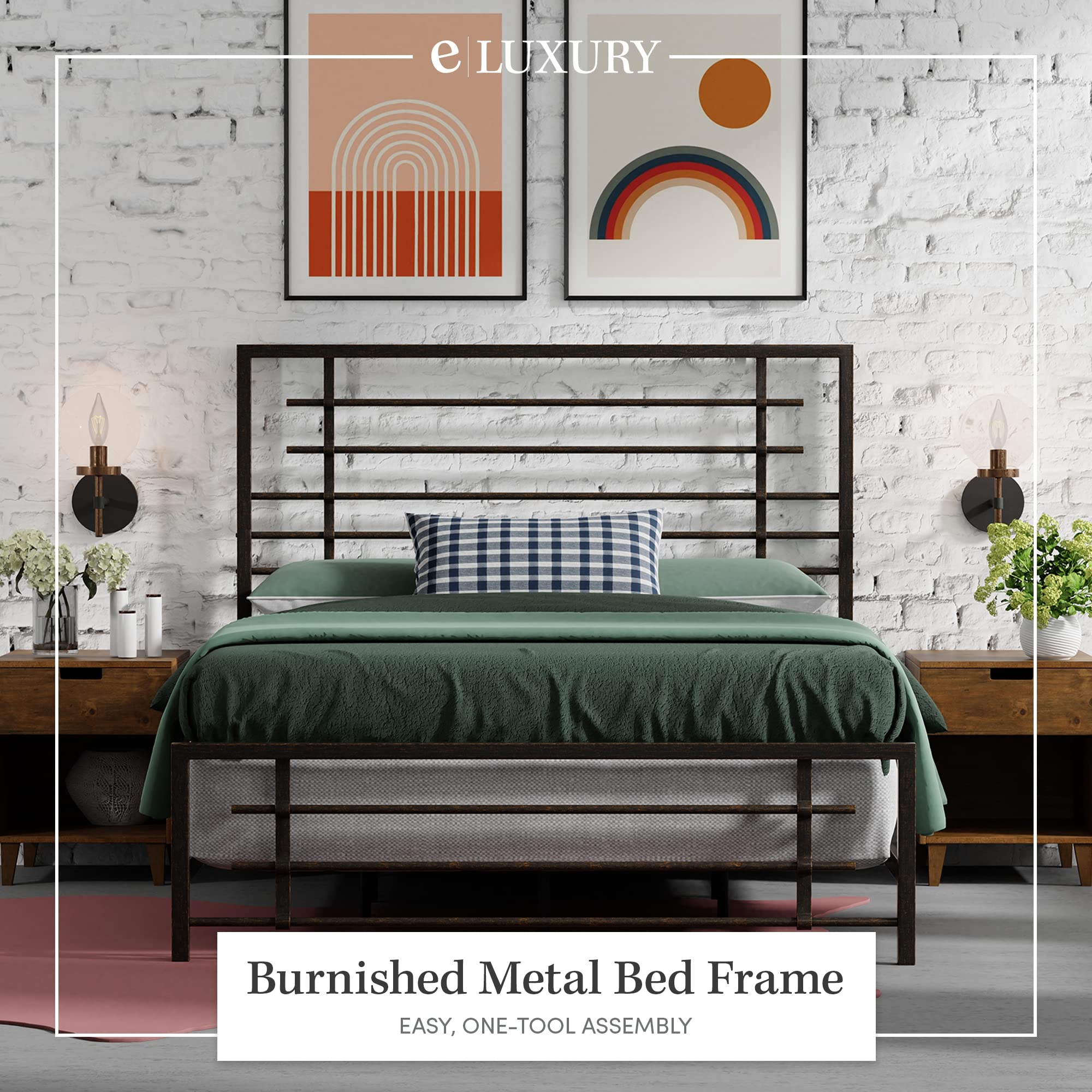 eLuxurySupply King Size Metal SNAP Bed Frame - Carbon Steel Construction with Rustic Pewter Finish - Easy Assembly Folding Bed Frame with Headboard & Footboard - Sturdy Steel Bed Base for Master Bedroom, Guest Room or Dorm