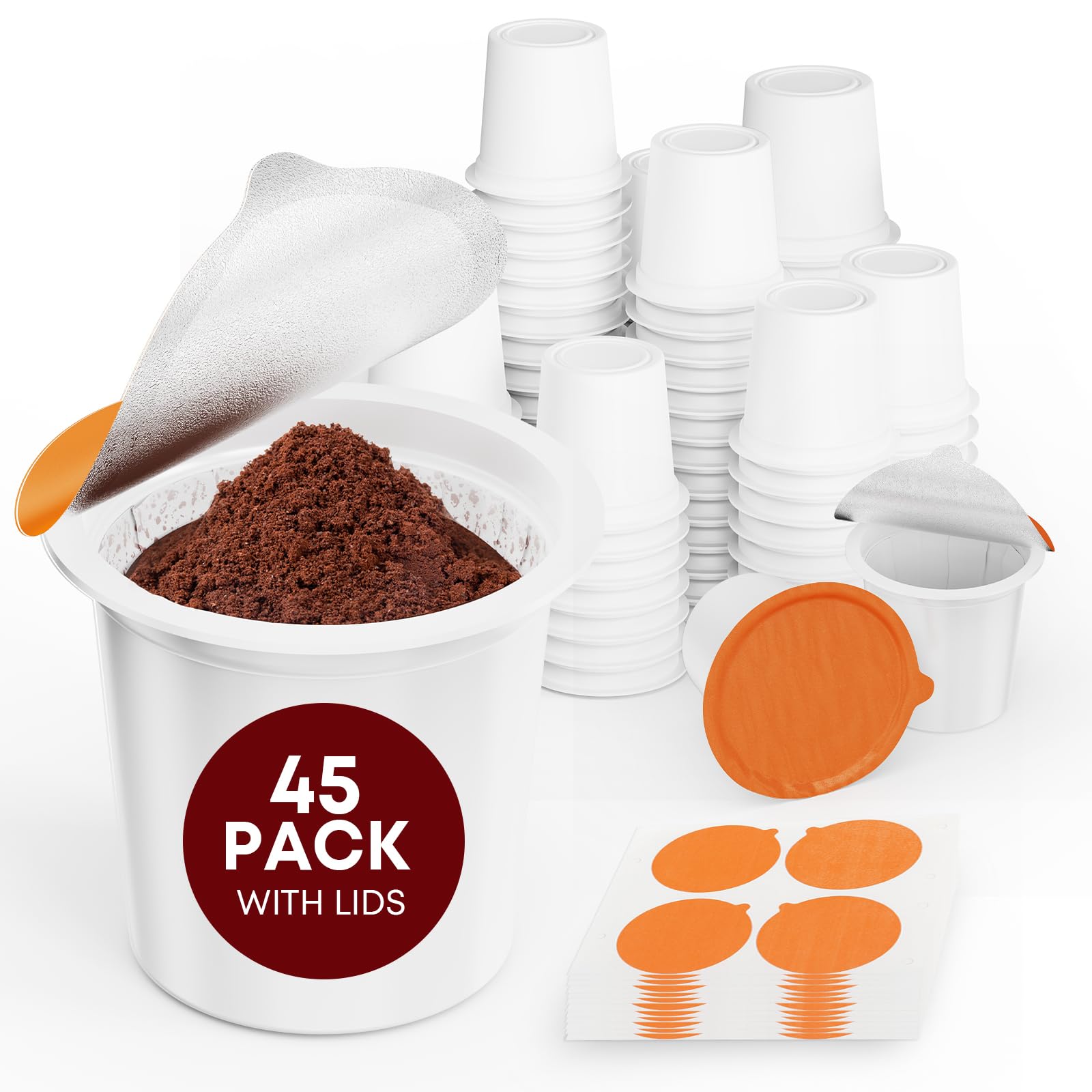 45-Pack Reusable K Cup Coffee Pods with Foil Lids - Compatible with Keurig 1.0 & 2.0 Brewers - DIY Fillable Coffee Pods Kit for Fresh Brewing at Home or Office