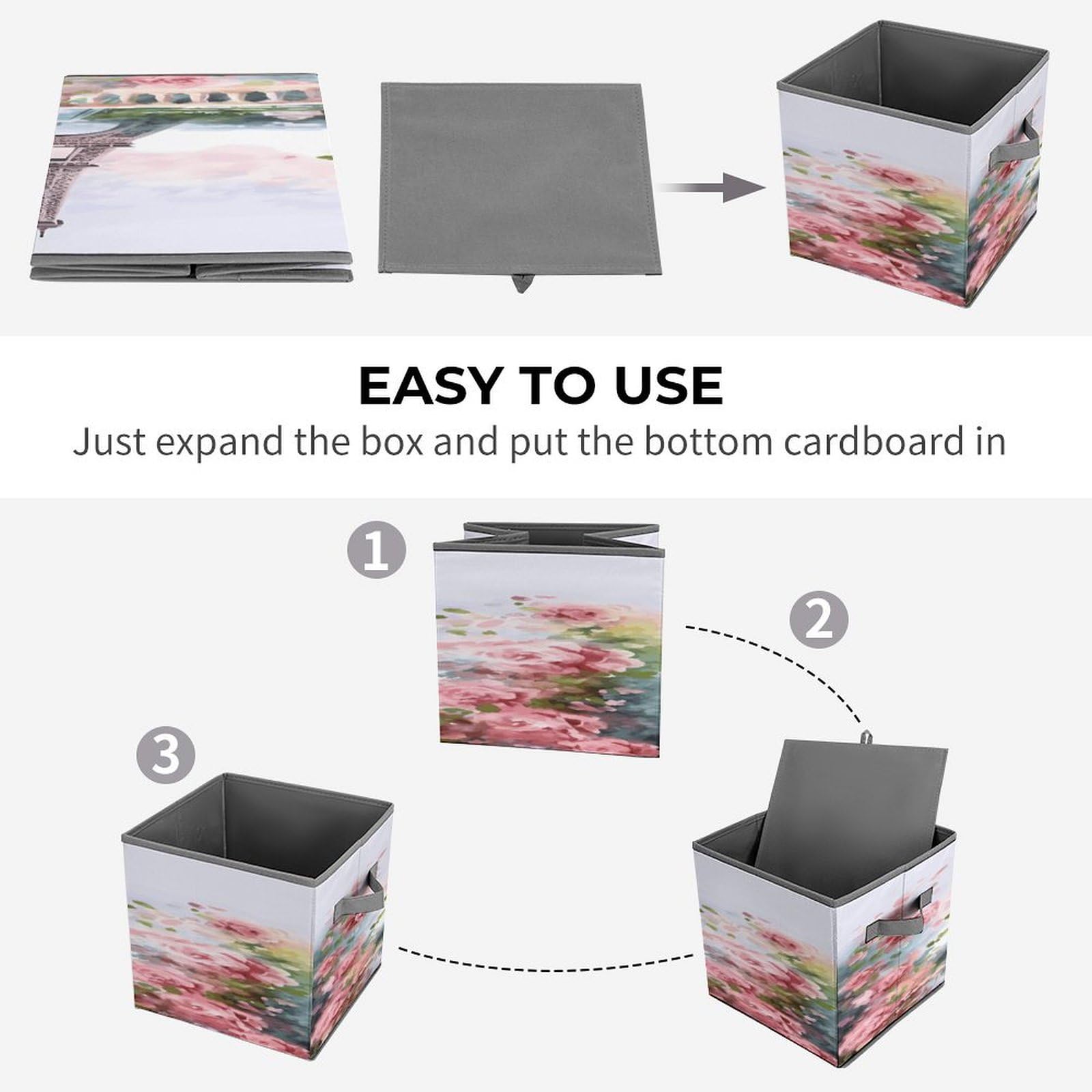 Collapsible Storage Cubes with Paris Eiffel Tower & Flowers Print - 10.6×10.6 Inch Foldable Fabric Bins with Handles for Home Organization - Perfect for Closet, Nursery, Office & Laundry Room Storage
