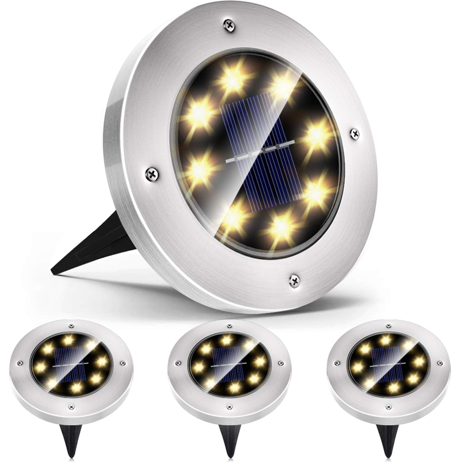 8 Pack Solar Ground Lights Outdoor Waterproof - 8 LED Solar Disk Lights for Garden, Pathway, Lawn, Yard, Deck, Patio & Walkway - Warm White Lighting for Nighttime Safety & Ambience