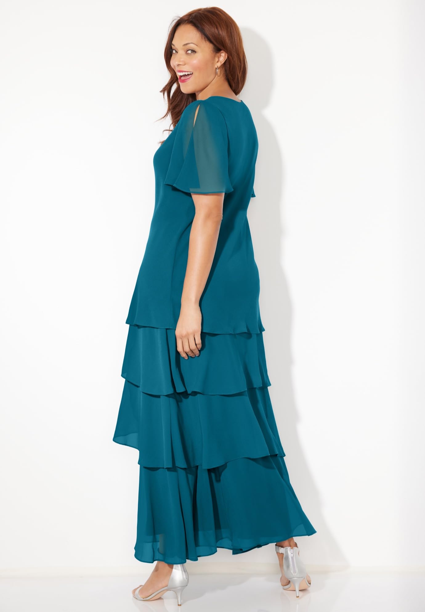 Catherine's Women's Plus Size Tiered Chiffon Maxi Dress - Elegant Flowy Long Dress for Casual Wear, Beach Vacation & Special Occasions