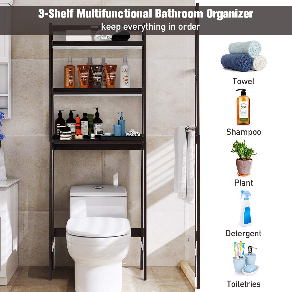 Tangkula Over The Toilet Storage Cabinet - 3-Tier Freestanding Bathroom Organizer with Adjustable Shelves, Space Saving Toilet Rack for Bath Towels, Toiletries & Decor (Brown) - Perfect for Small Bathrooms, Apartments & Powder Rooms