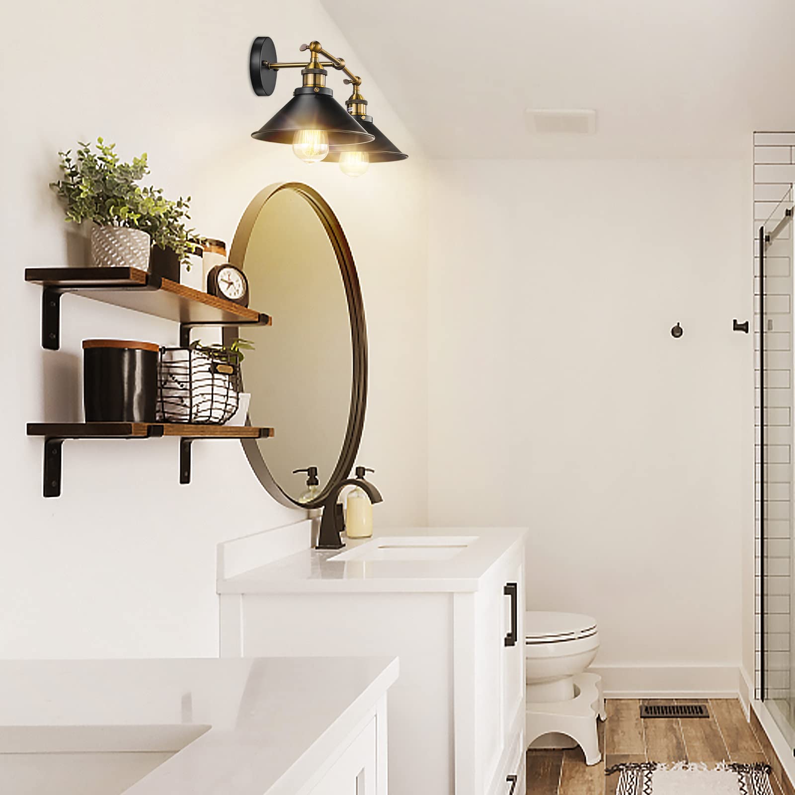 2-Light Black Farmhouse Bathroom Vanity Light Fixture - Industrial Wall Sconce with Gold Accents for Mirror Lighting | Perfect for Bathroom, Kitchen Cabinet & Dressing Room Décor