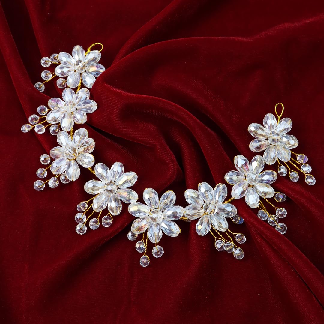Golden Pearl Floral Hair Vine Headband - Softwrap Hair Accessories with Crystals for Bridal, Wedding, Girls & Women (Free Size) - Perfect for Special Occasions, Prom & Parties