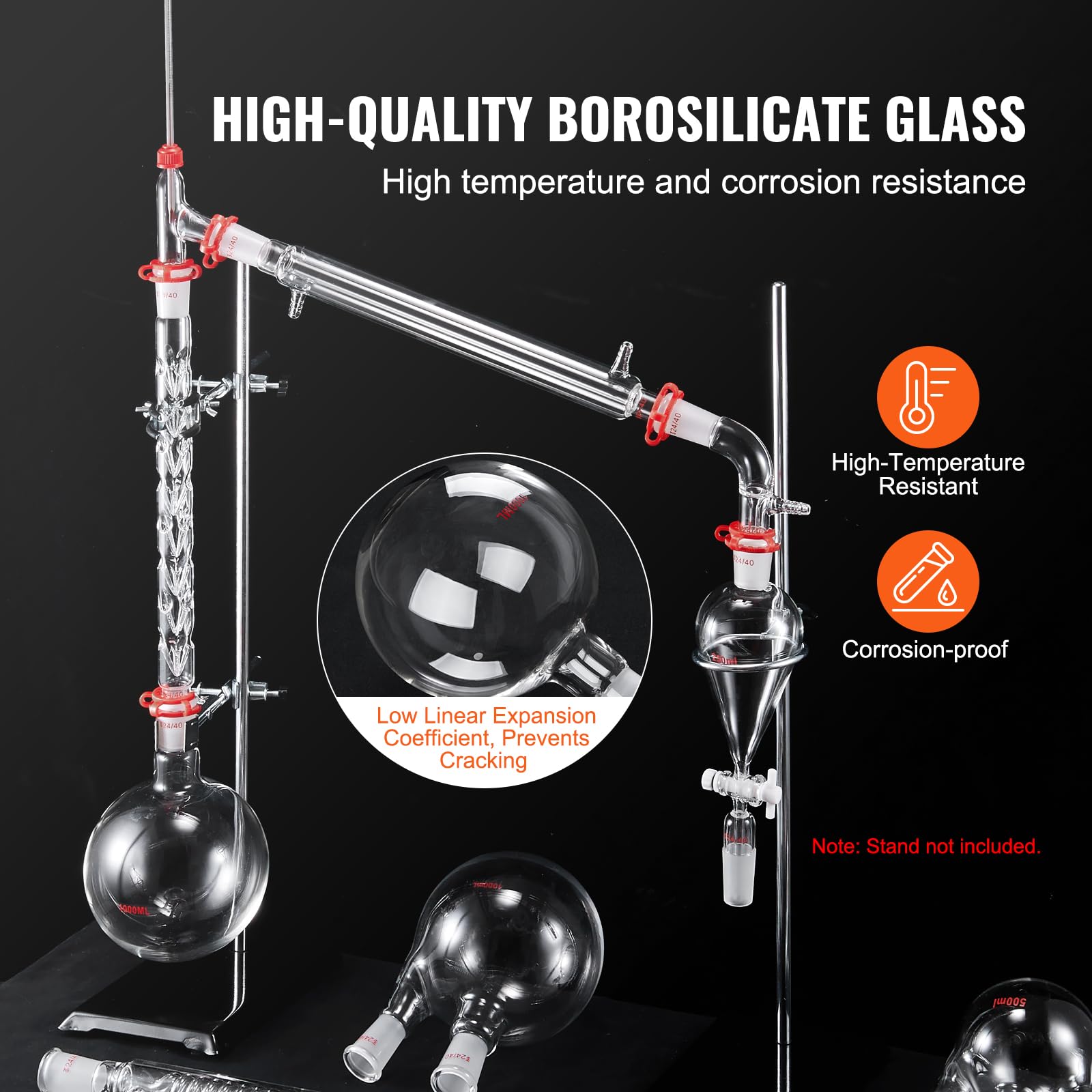 VEVOR 3.3 Boro Lab Glass Distillation Kit - 1000ml Essential Oil Extraction Apparatus with 24/40 Joints, 32-Piece Chemistry Glassware Set for Home DIY, Aromatherapy & Herbal Distillation