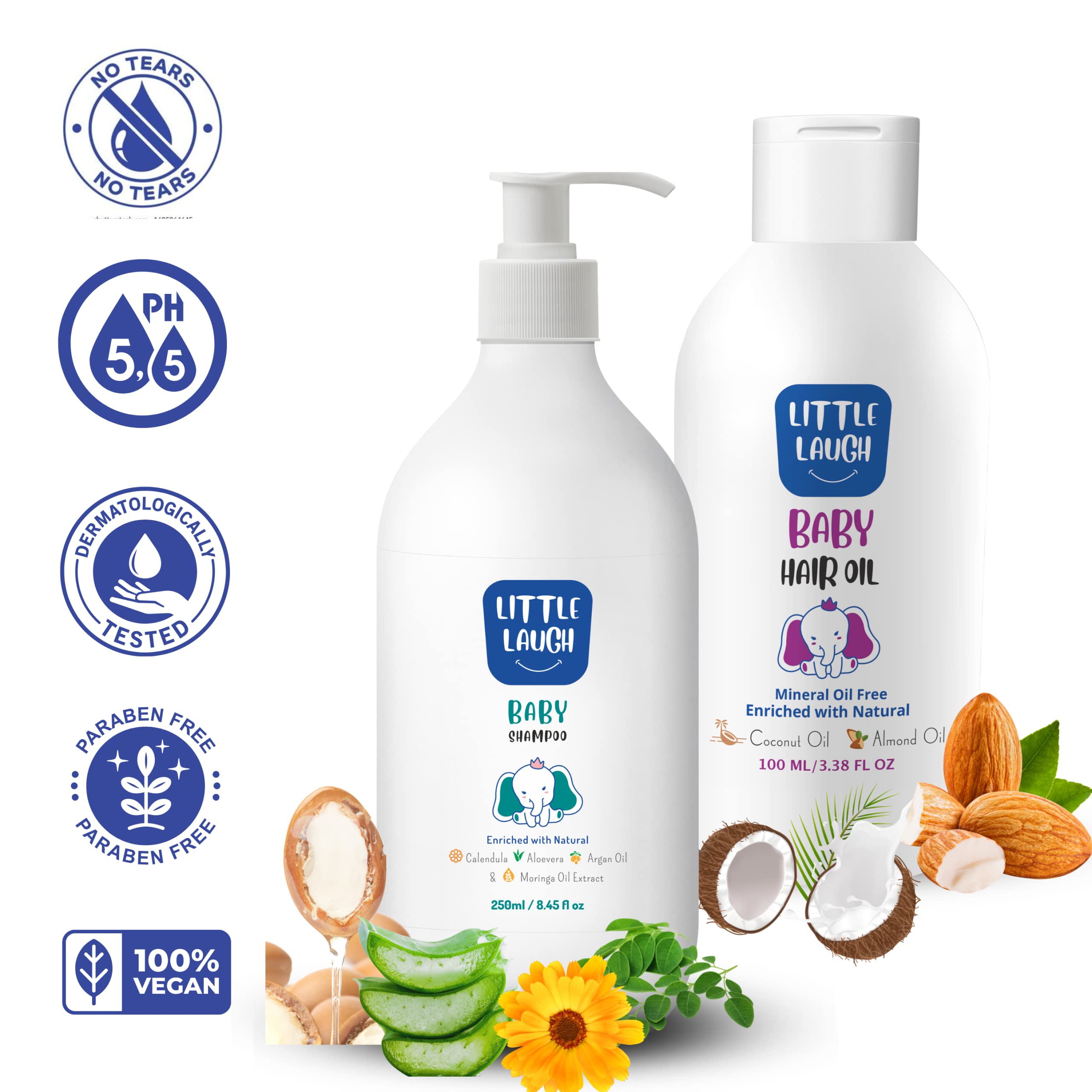 Little Laugh Baby Shampoo 250ml & Hair Oil 100ml Combo Set - Gentle Nourishing Care for Newborn & Infant Delicate Hair - Perfect for Daily Bath Time & Baby Hair Care Routine