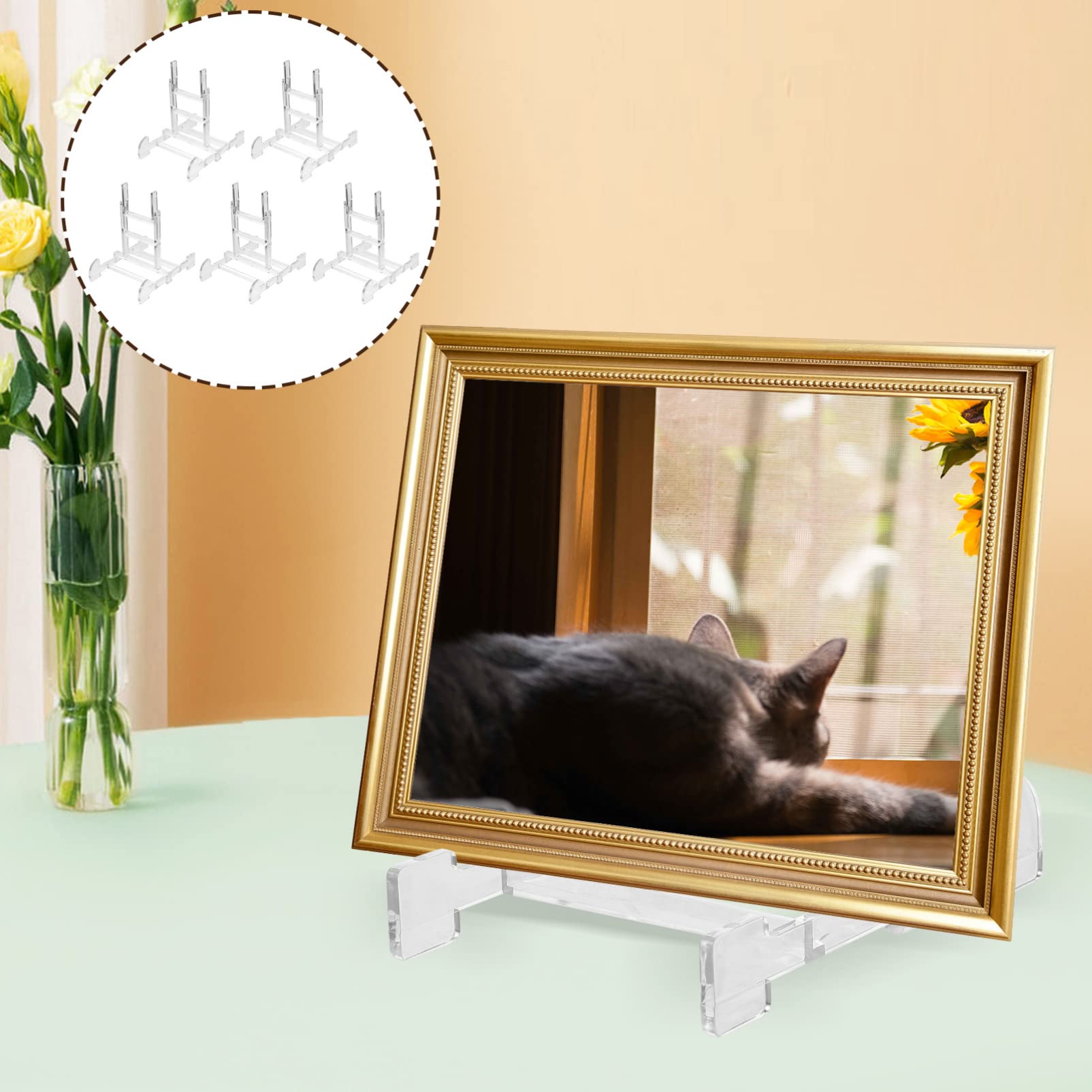 LIFKOME 5-Piece Acrylic Photo Frame Stand Set - Small Universal Tabletop Easel Display Holder for Pictures, Artwork, and Decorative Plates - Perfect for Desk, Shelf, or Home Decor Display