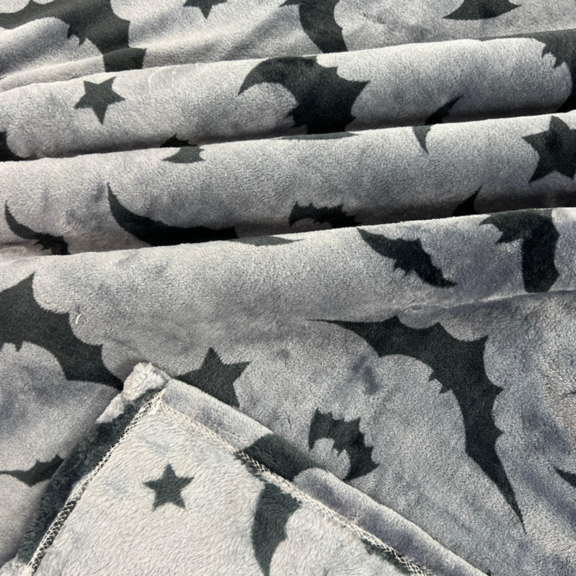 Halloween Throw Blanket - Black Bats Design on Gray Velvet Soft Fleece, Oversized 70