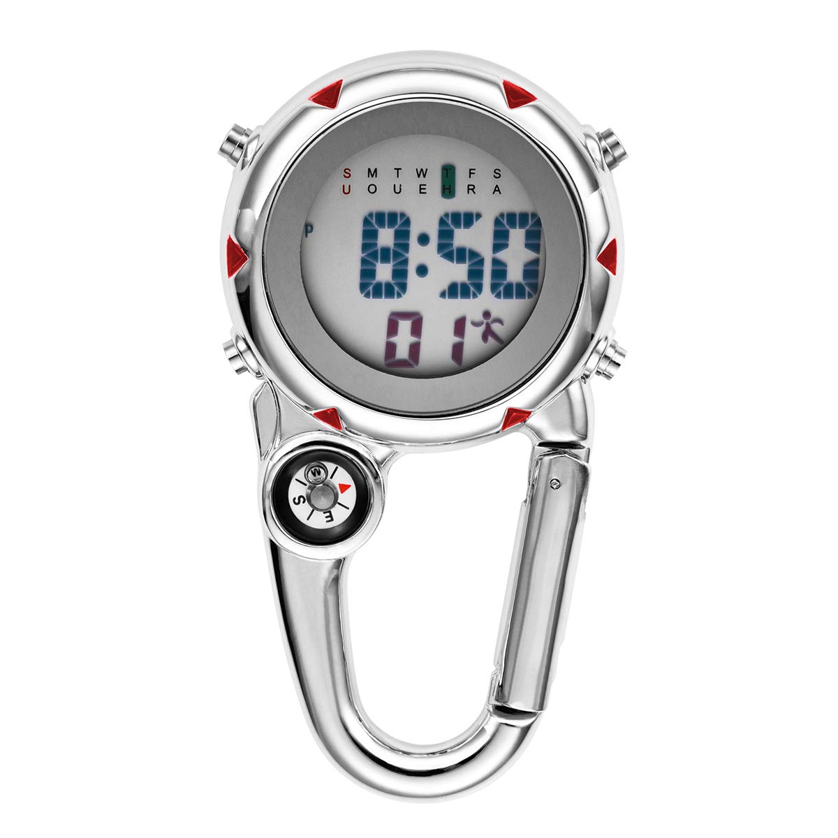 Digital Compass Clip Watch - Waterproof Carabiner Pocket Watch with Alarm for Men & Women | Hiking, Camping, Backpacking Outdoor Adventure Gear | Black & White Fob Watch for Backpack Buckle