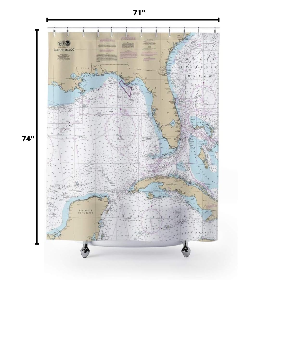 Gulf of Mexico Nautical Chart Shower Curtain - 71x74 Inches Waterproof Bathroom Decor - Perfect for Coastal, Beach House & Nautical Theme Bathrooms