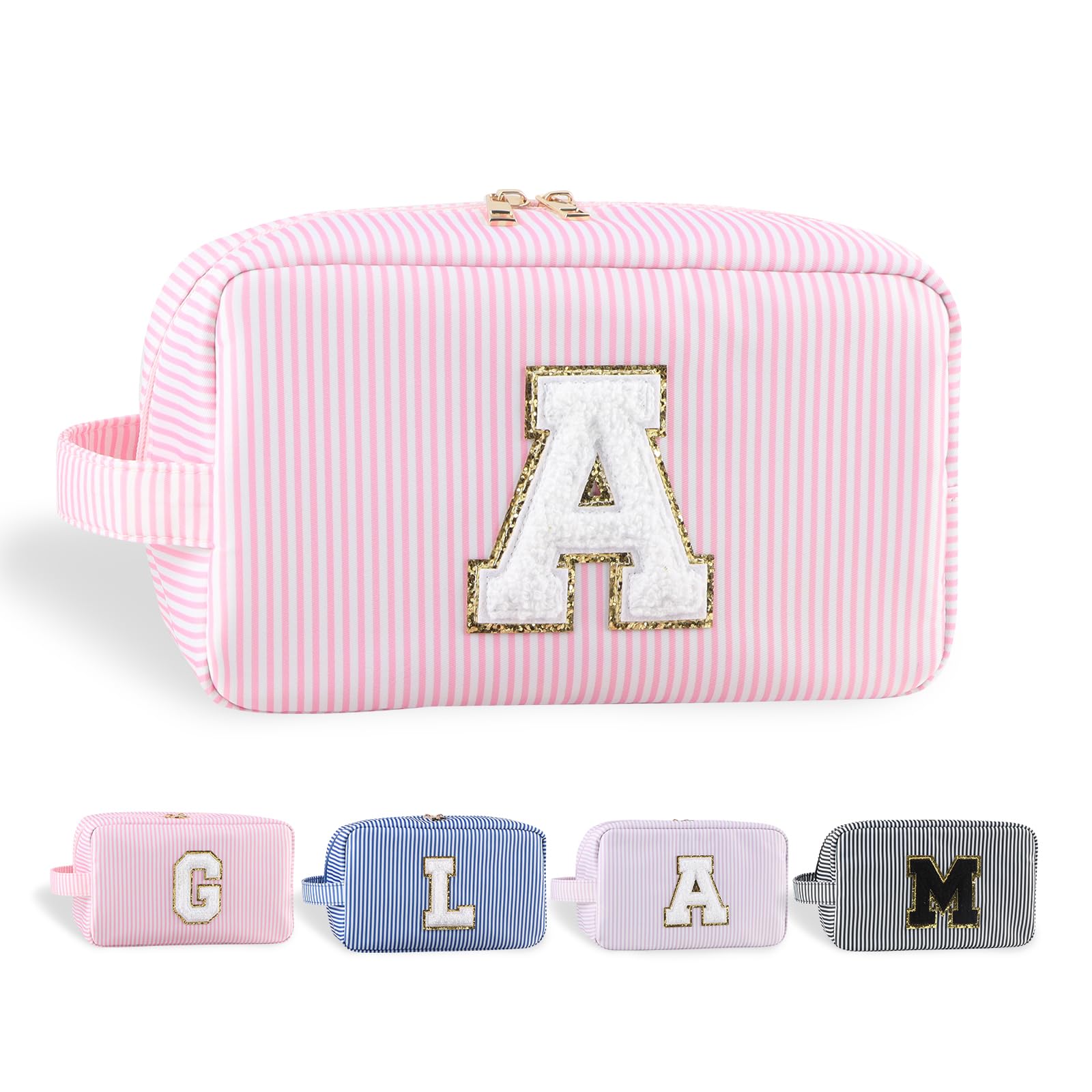 Glitter Chenille Makeup Bag for Women - Water-resistant Nylon Travel Cosmetic Pouch with Portable Design (Stripe Pink) - Perfect for Bathroom Storage, Travel Essentials & Daily Organizer