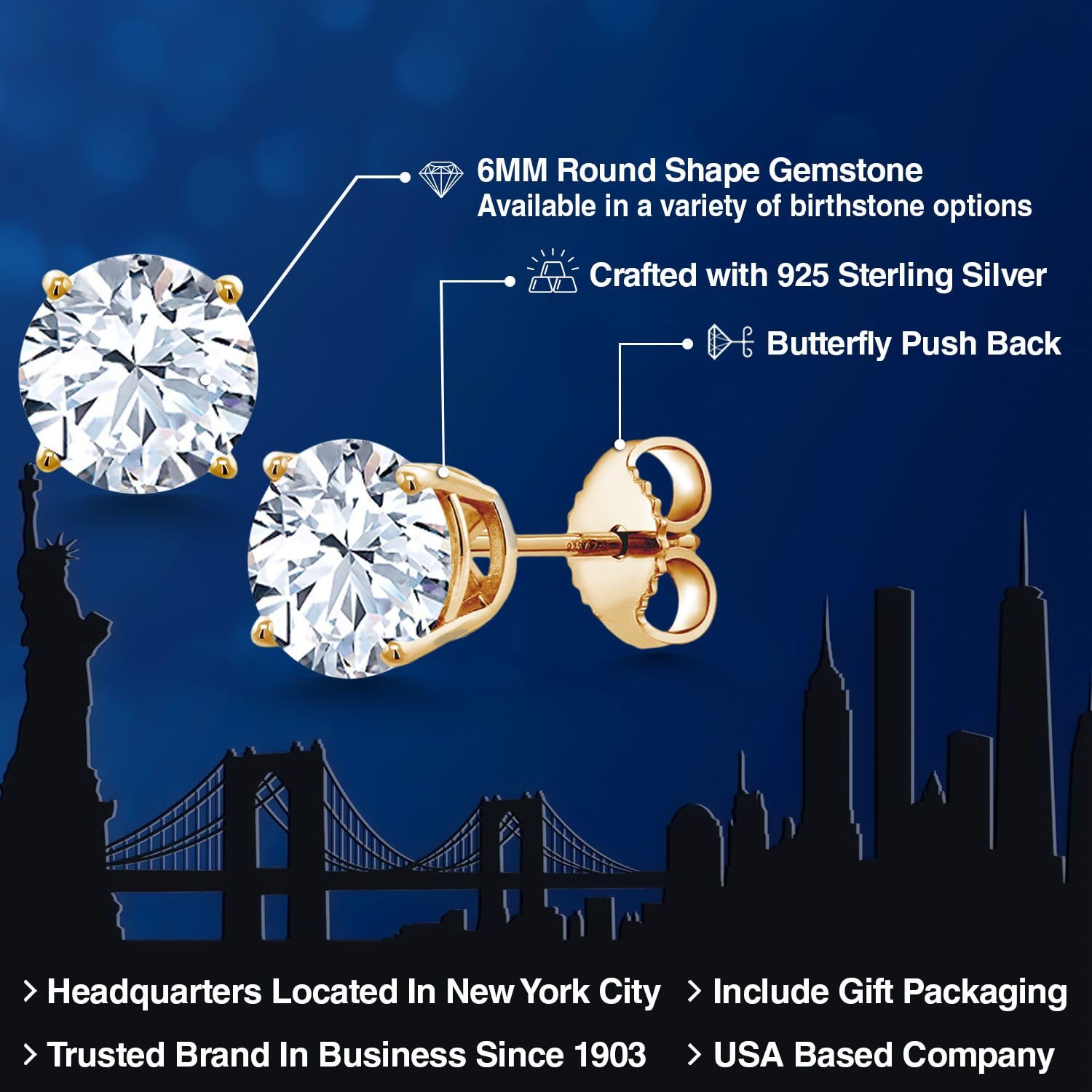 Gem Stone King 18K Yellow Gold Plated Sterling Silver 6MM Round Birthstone Stud Earrings for Women & Men | Perfect Gift for Birthday, Anniversary & Special Occasions