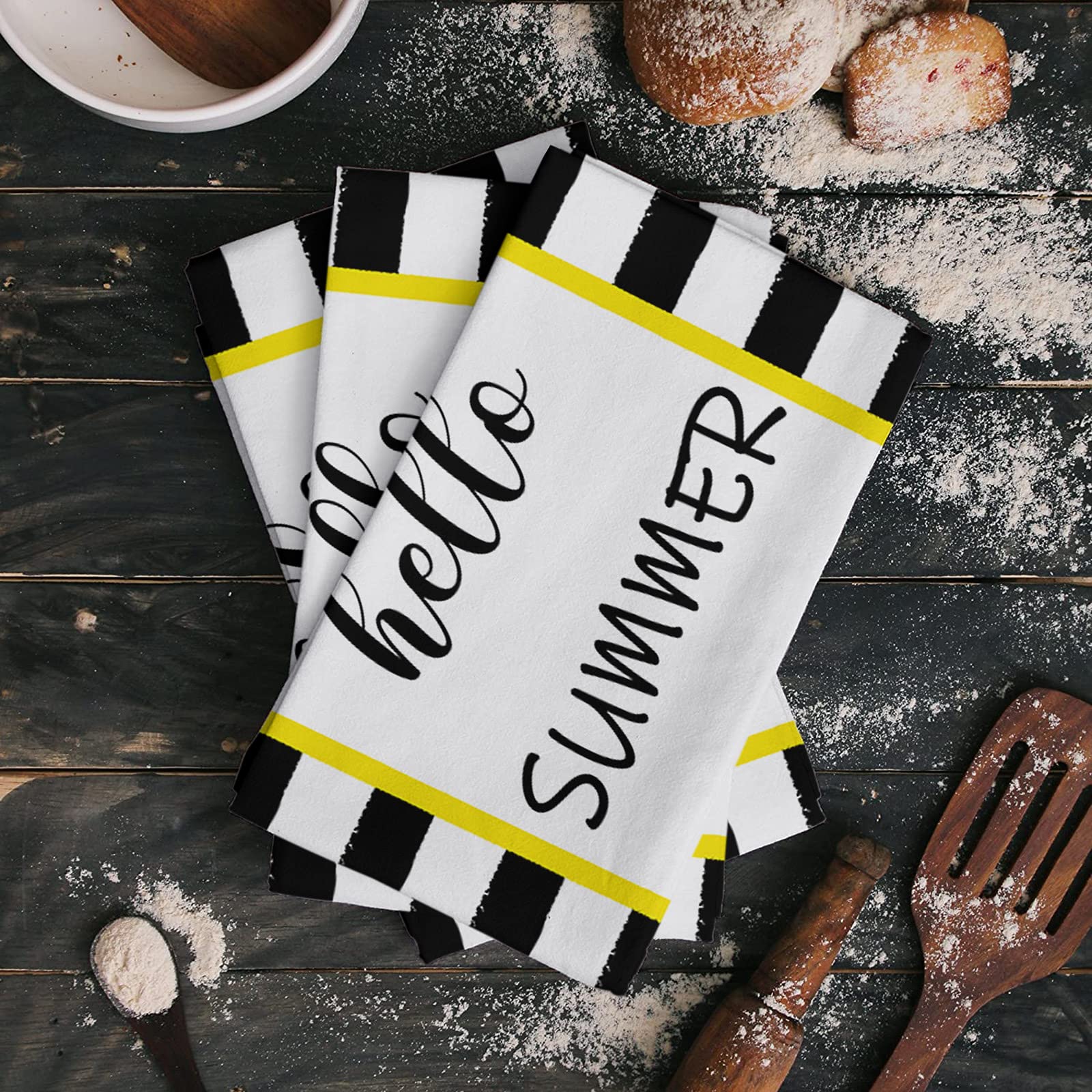 Premium Microfiber Kitchen Towels Set of 4 - Super Absorbent & Reusable Dish Towels (18x28 Inch) in Lemon Yellow & Black White Stripe - Ideal for Washing Dishes, Bar Cleaning & Tea Towel Use