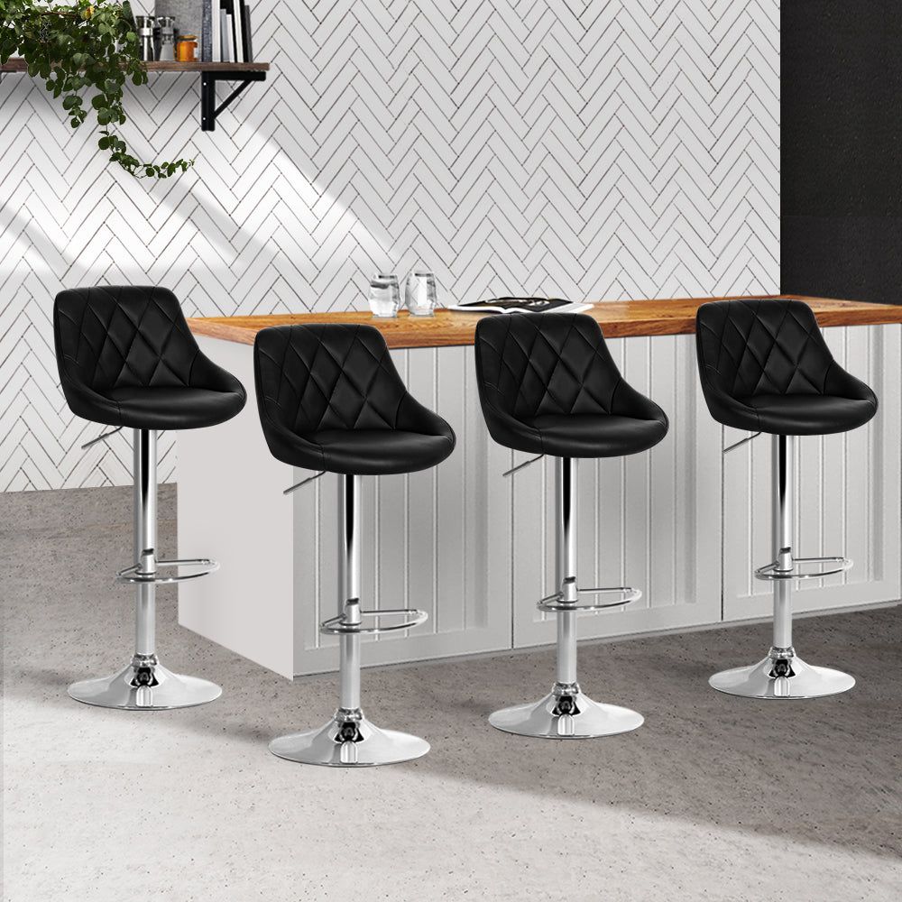 4 Black Leather Padded Bar Stools with Gas Lift Height Adjustment - Perfect for Kitchen Island, Home Bar & Dining Room Counter