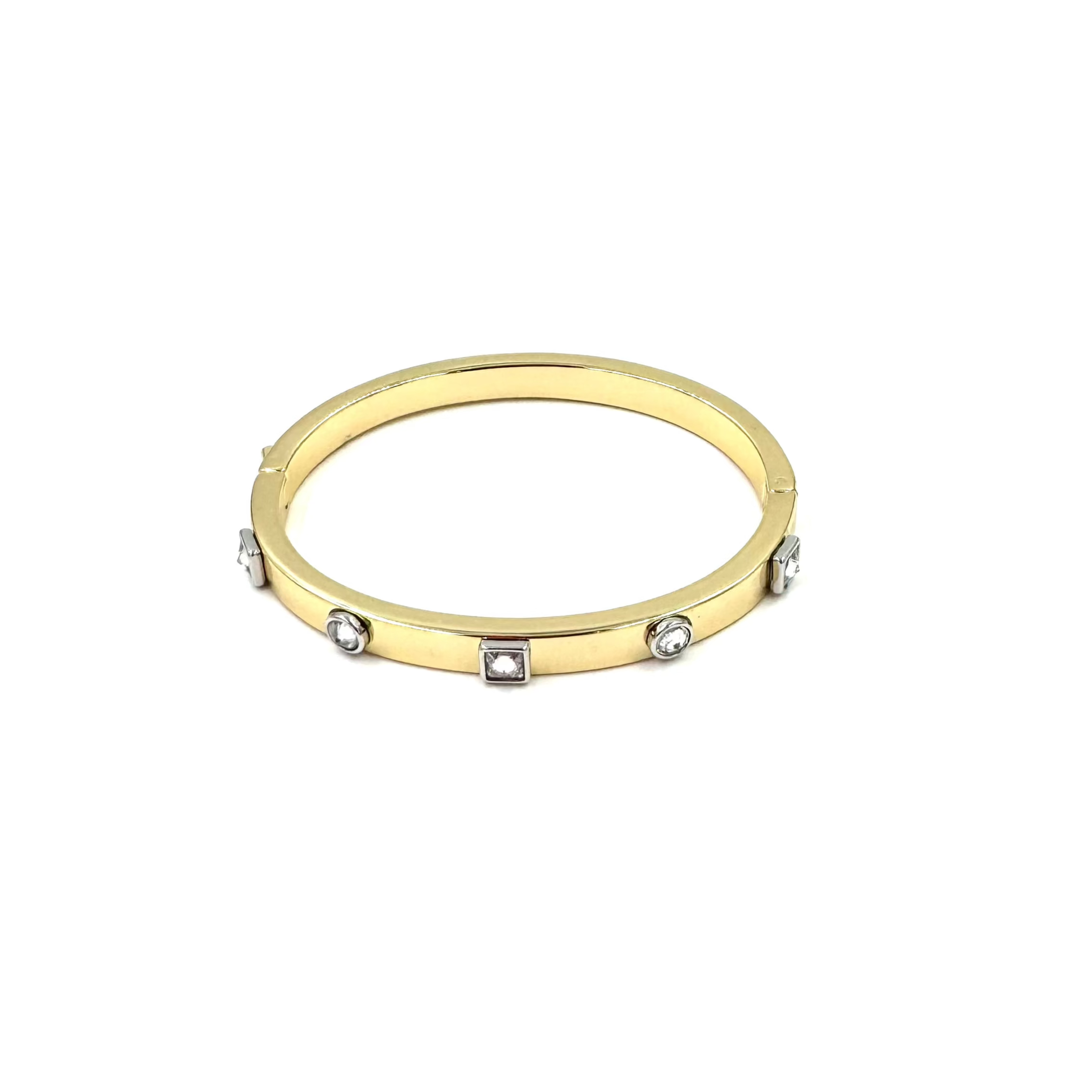 Ashley Gold Stainless Steel Bangle Bracelet - Round & Princess Cut Bezel Set, 18K Gold Plated Jewelry for Women | Perfect for Parties, Weddings & Everyday Wear
