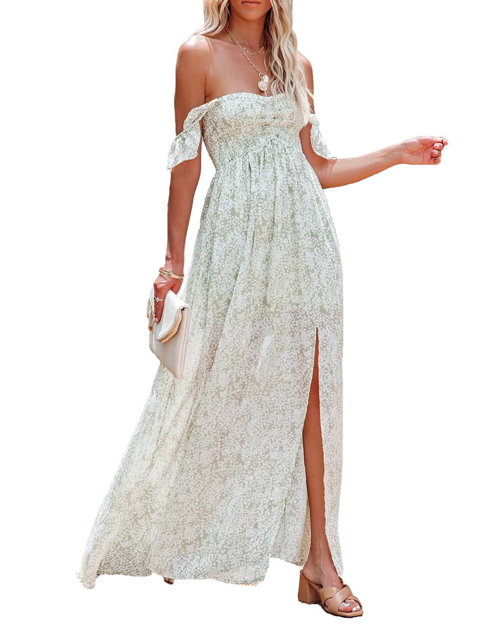 Mermaid's Closet Women's White Lace Off-Shoulder Maxi Dress - Elegant Wedding, Bridesmaid & Beach Dress for Summer Parties, Vacations & Special Occasions
