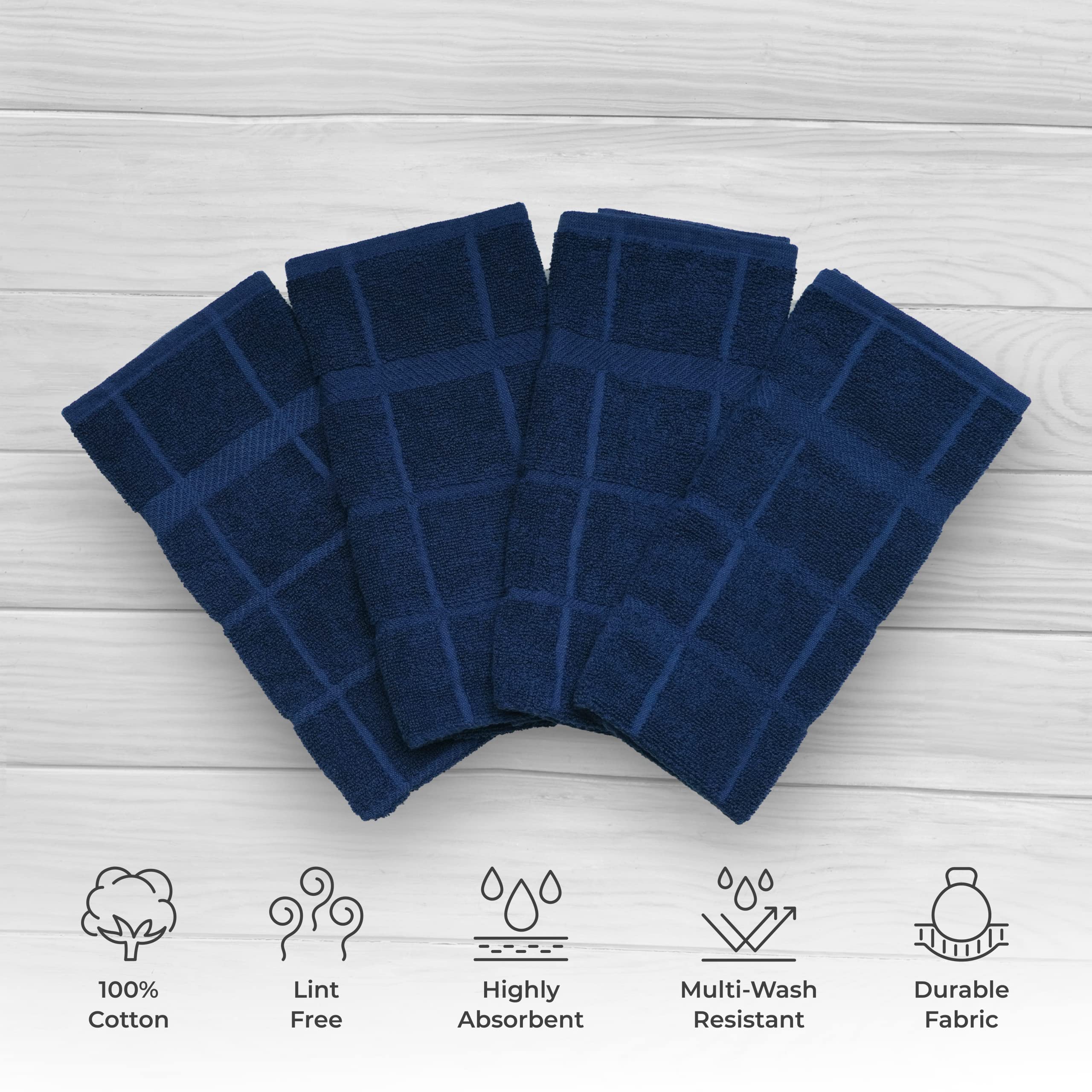 Premium 100% Cotton Terry Dish Towels for Kitchen - Super Soft & Absorbent, 16x26 Inches, 4-Pack Navy Blue | Ideal for Dish Drying, Counter Cleaning & Hand Wiping