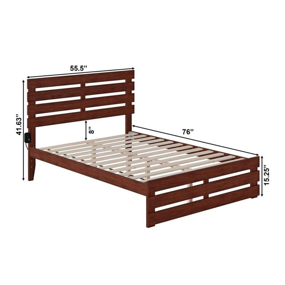 BOWERY HILL Modern Solid Wood Full Size Bed Frame with Footboard & USB Charging Ports - Walnut Finish for Bedroom, Guest Room & Dormitory