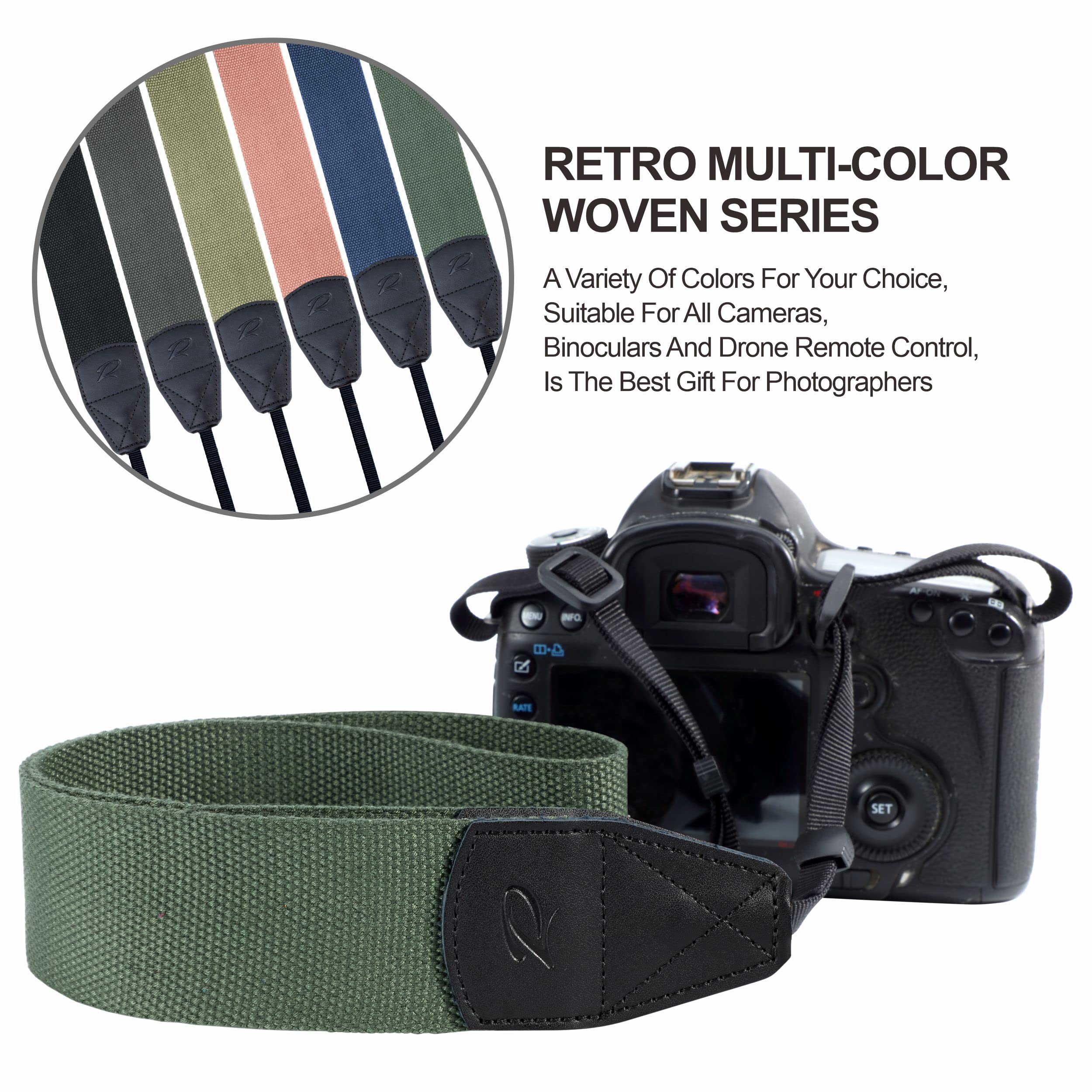 Padwa Lifestyle Dark Green Camera Strap - 2 Inch Wide Cotton Woven Genuine Leather Neck Strap for DSLR/SLR Cameras, Binoculars & Drone Remote Control with 2 Free Quick Release Clips | Perfect for Travel, Photography & Outdoor Adventures