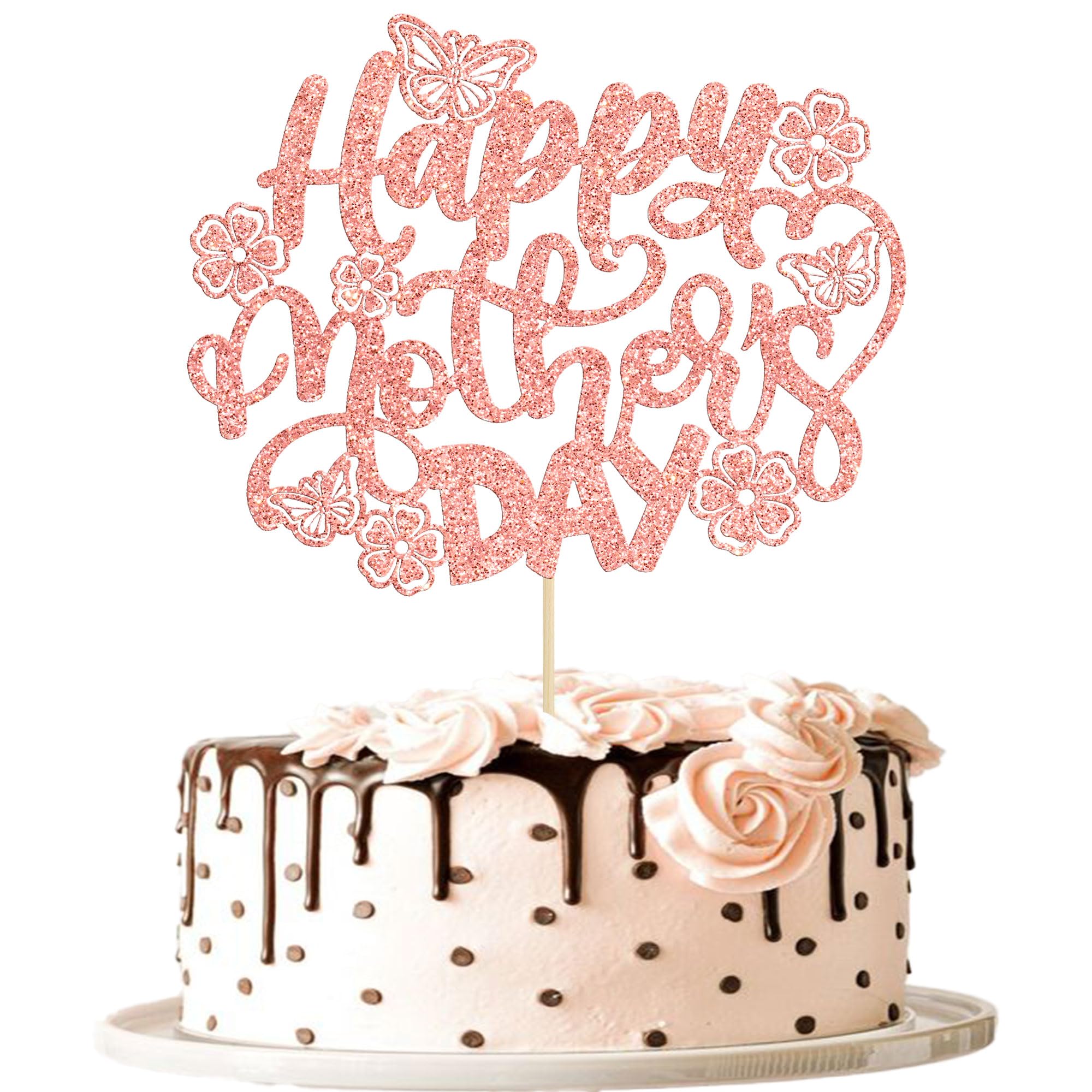 1 Pack Rose Gold Glitter Happy Mother's Day Cake Toppers - Mom Cake Picks for Birthday, Wedding & Mother's Day Party Decorations | Cake Decorating Supplies for Women, DIY Dessert Toppers
