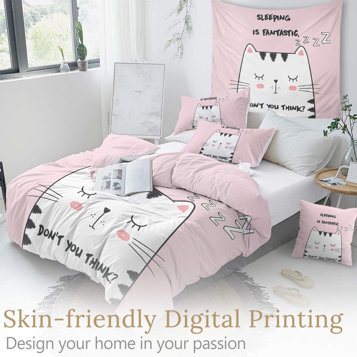 Sleepwish 3-Piece Cat Print Bedding Set for Kids - Twin Size Comforter & 2 Pillowcases, Soft Pink Animal Design for Boys & Girls | Perfect for Bedrooms, Sleepovers & Cozy Nap Time
