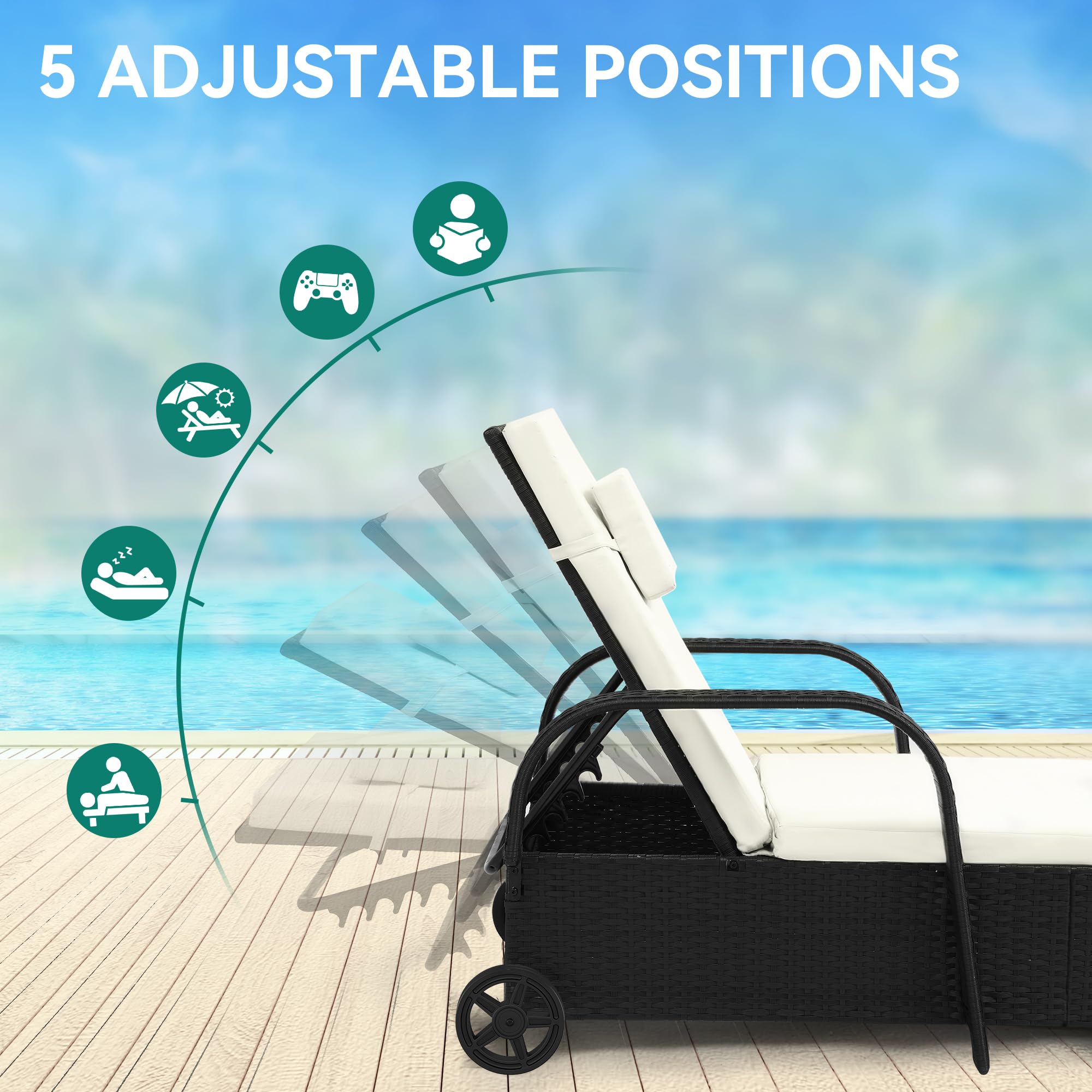 YITAHOME Outdoor Wicker Chaise Lounge Chair with Storage - Adjustable Rattan Patio Pool Lounger with Cushion, Pillow & Wheels - Perfect for Poolside, Backyard, Garden, Porch & Beach Relaxation