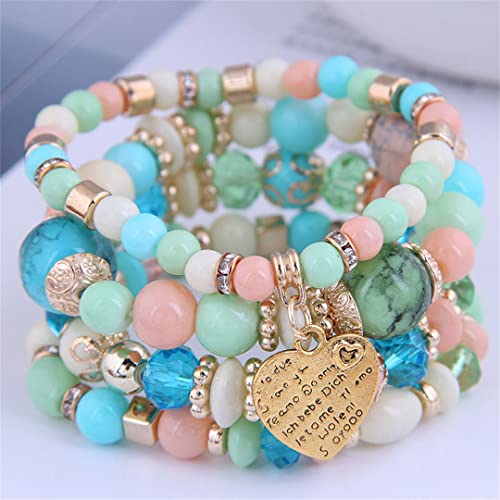 Bohemian Stackable Stretchy Bracelets for Women - Multilayer Crystal Beads Bracelet with Heart Charm in Green | Perfect for Layering, Everyday Wear & Festival Outfits