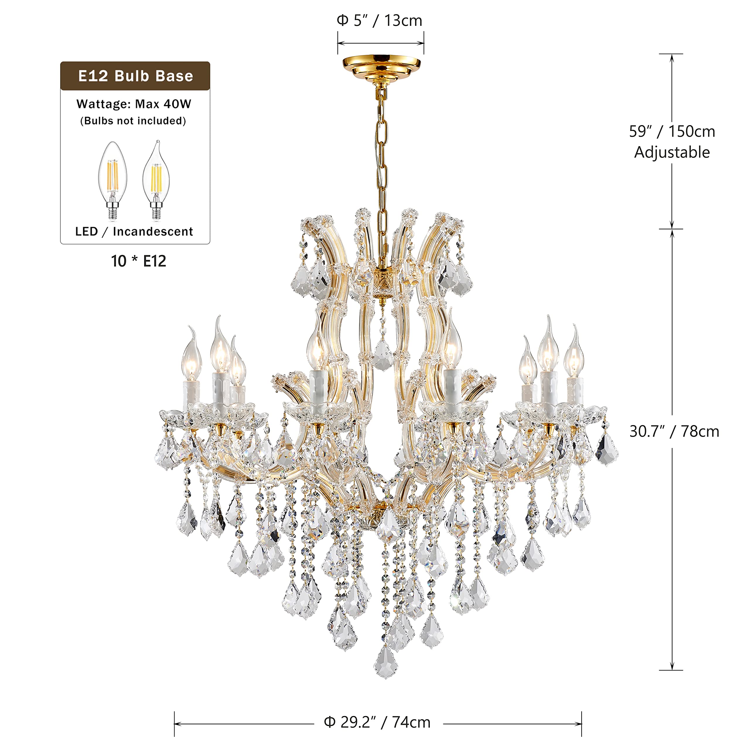Luxury Modern Gold Crystal Chandelier Lighting - Elegant Maria Theresa Style Chandelier with 10 Lights for Dining Room, Kitchen Island, Living Room, Bedroom - Perfect for Weddings, Hotels, and Upscale Home Decor