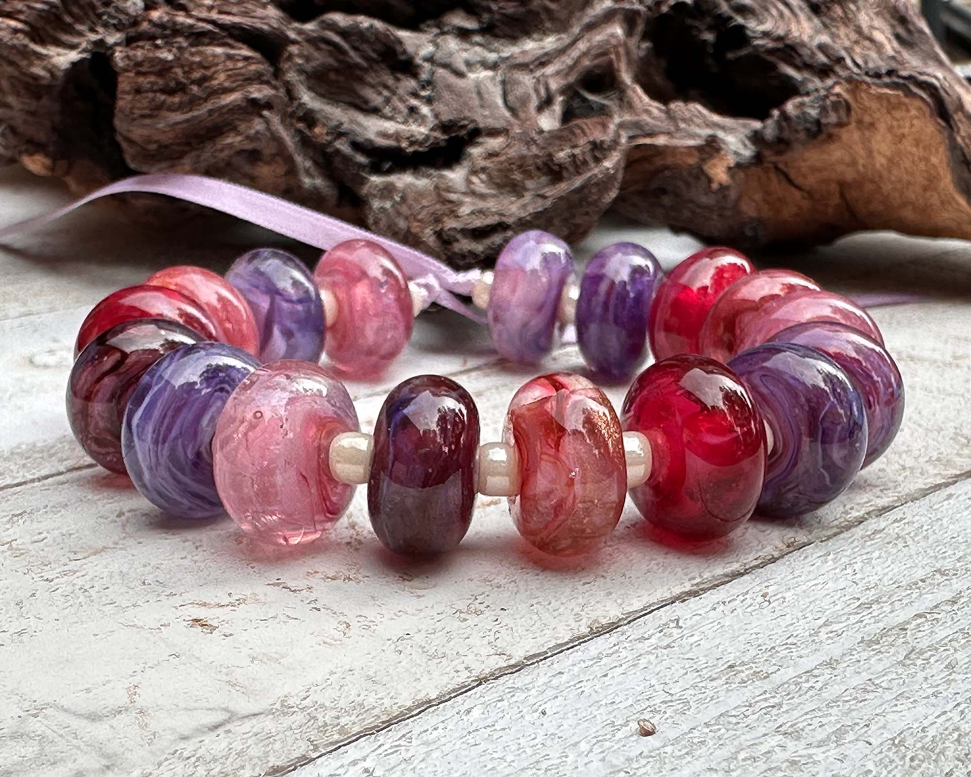 17 Pink & Purple Swirls Lampwork Glass Beads Set for Jewelry Making - DIY Bracelet, Necklace, Earring Craft Supplies - Perfect for Handmade Gifts & Boho Style Accessories