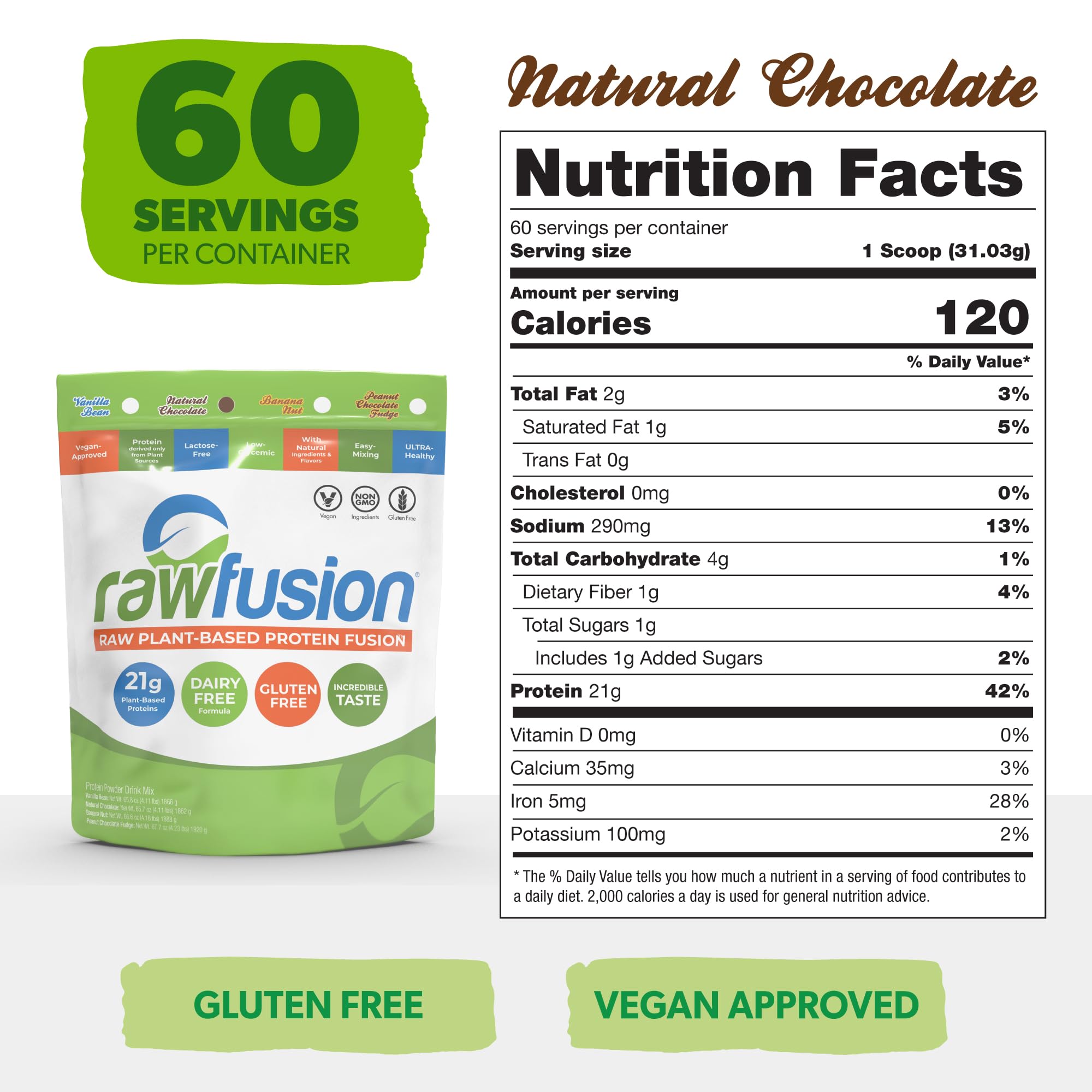 Rawfusion 4lbs Plant Based Protein Powder - Natural Chocolate Flavor, 21g Vegan Protein, Low Carb, Gluten Free, Dairy Free, Soy Free, Non-GMO | Perfect for Smoothies, Baking & Post-Workout Recovery