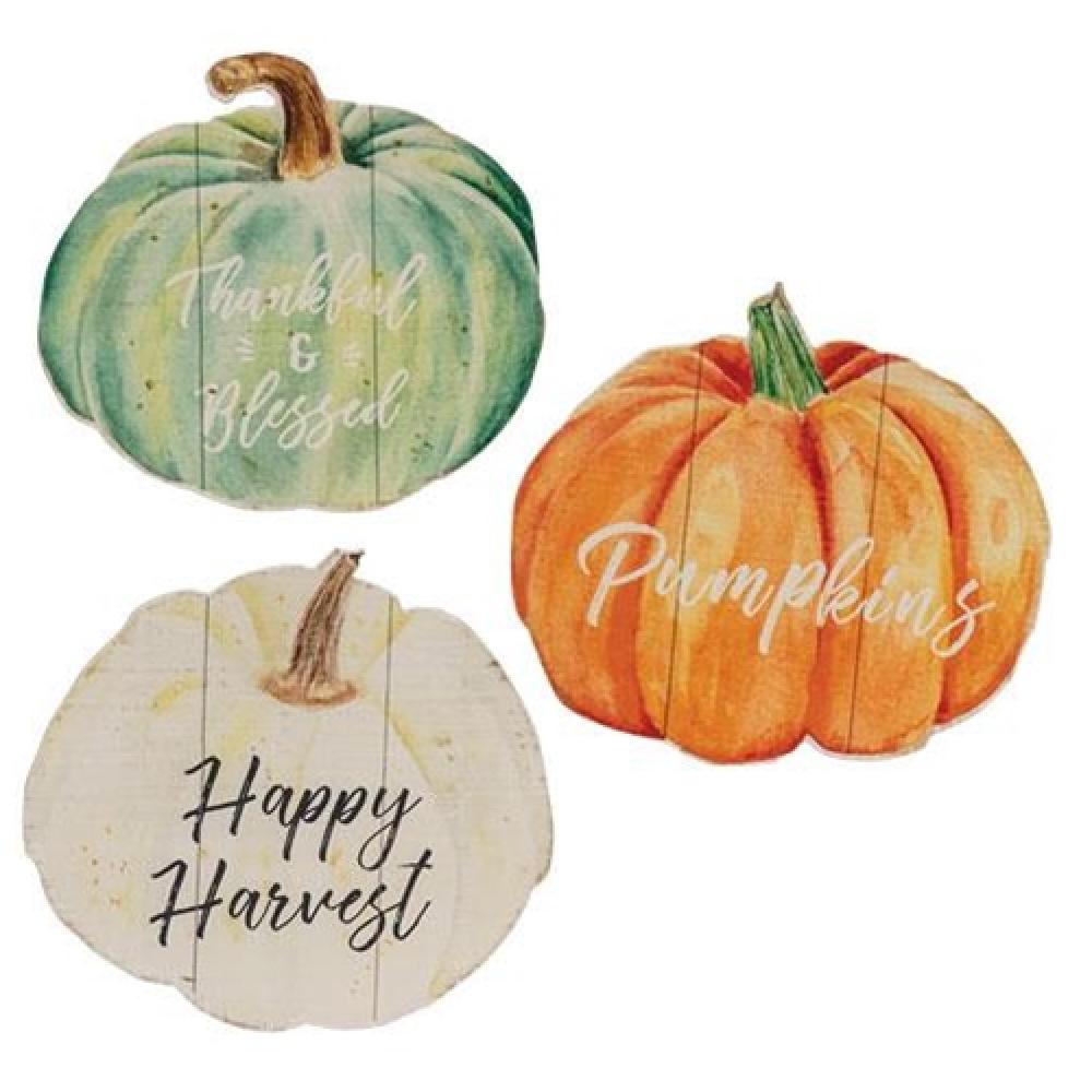 Fall Watercolor Pumpkin Wood Sign - Set of 3 Assorted Autumn Decorations for Home, Porch, and Thanksgiving Decor